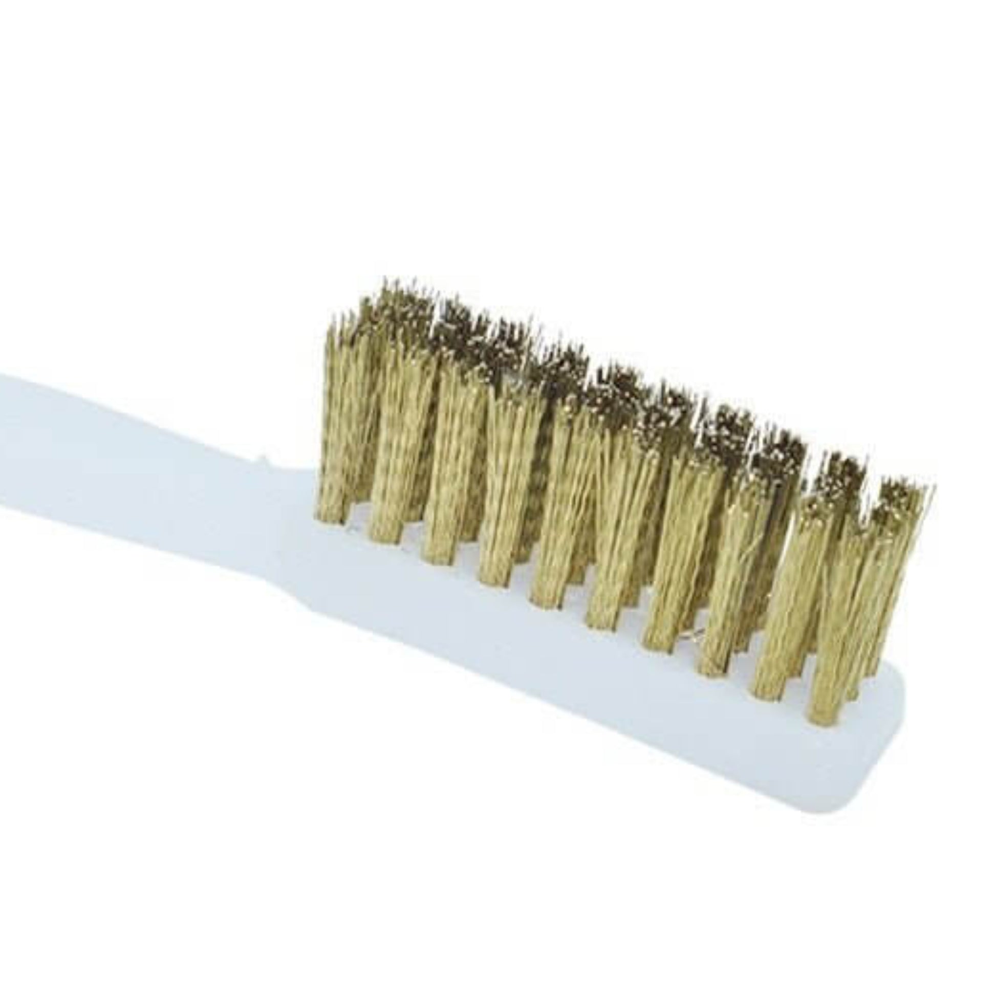 Close-up of a mini wire brush with brass bristles and a white handle.