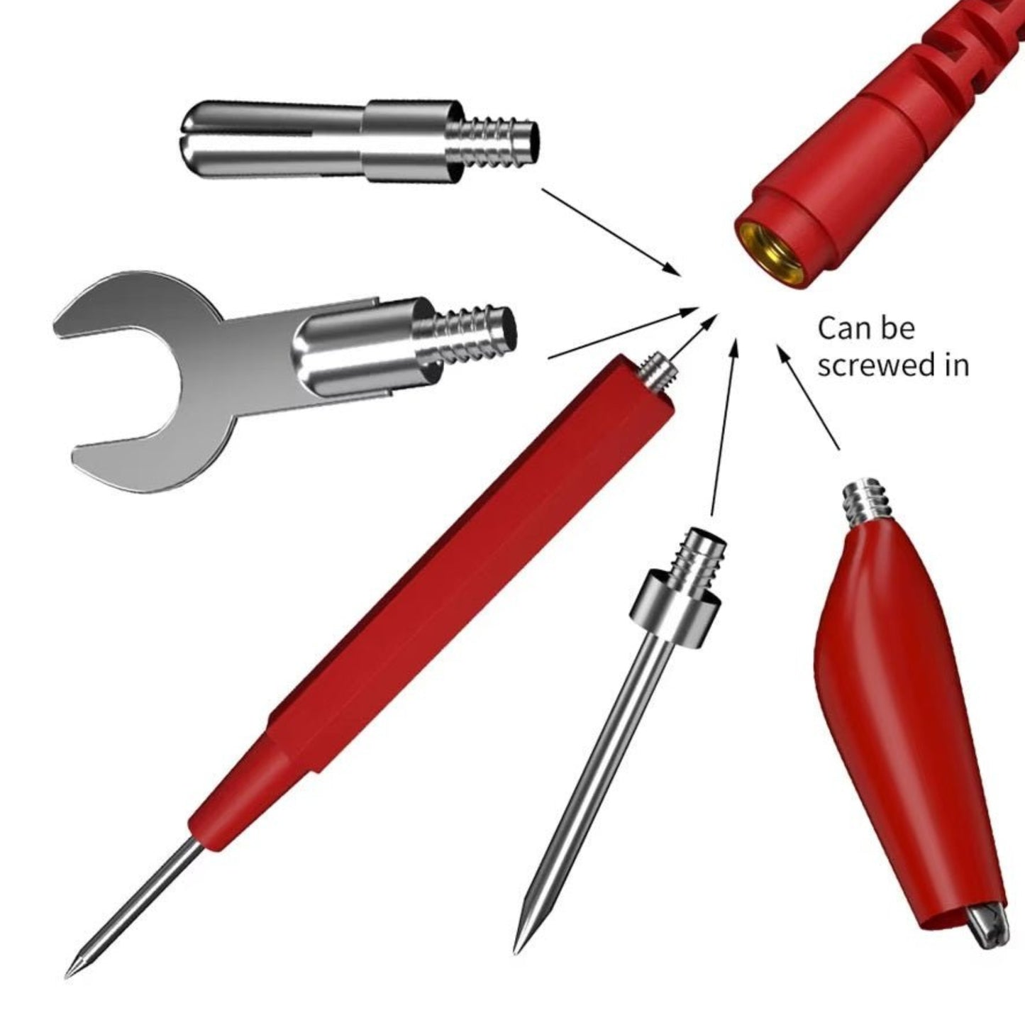 16-in-1 Modular Multimeter Test Lead Kit components: probes, alligator clips, and connectors in detail.