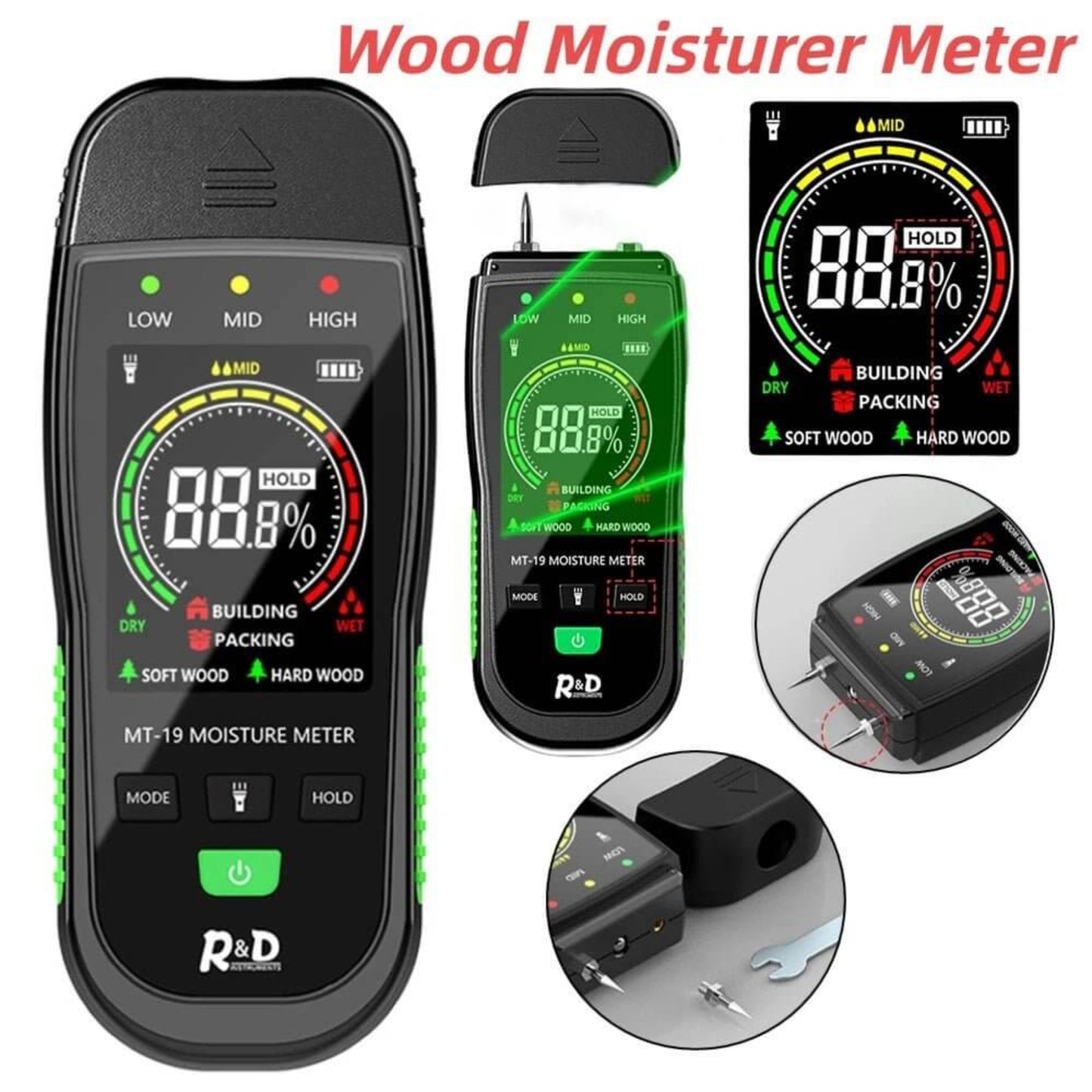 Digital Wood Moisture Meter | Wall & Building Humidity Detector - R&D Instruments MT-19 with display and features.