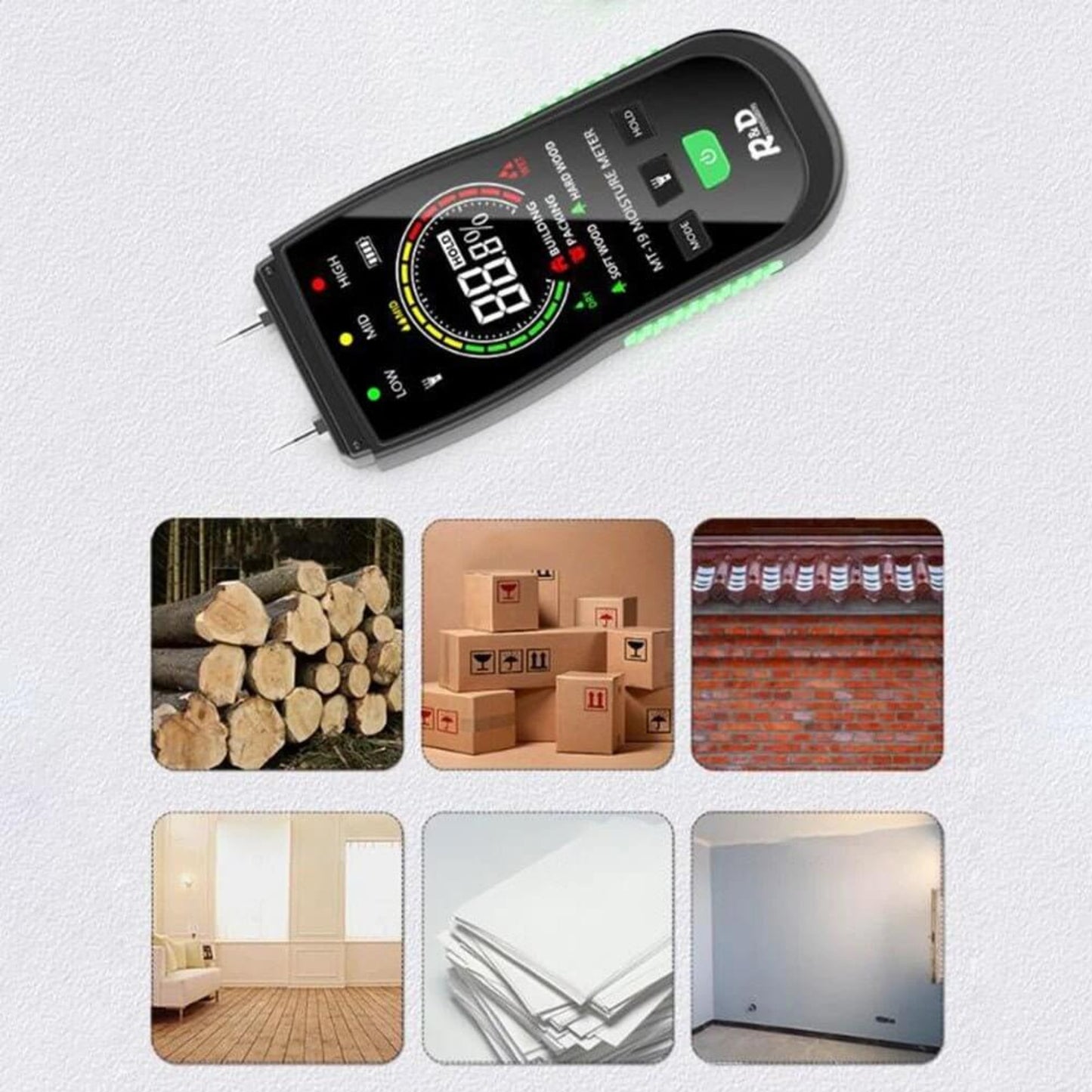 Digital Wood Moisture Meter | Wall & Building Humidity Detector in use with wood, drywall, concrete, and more.
