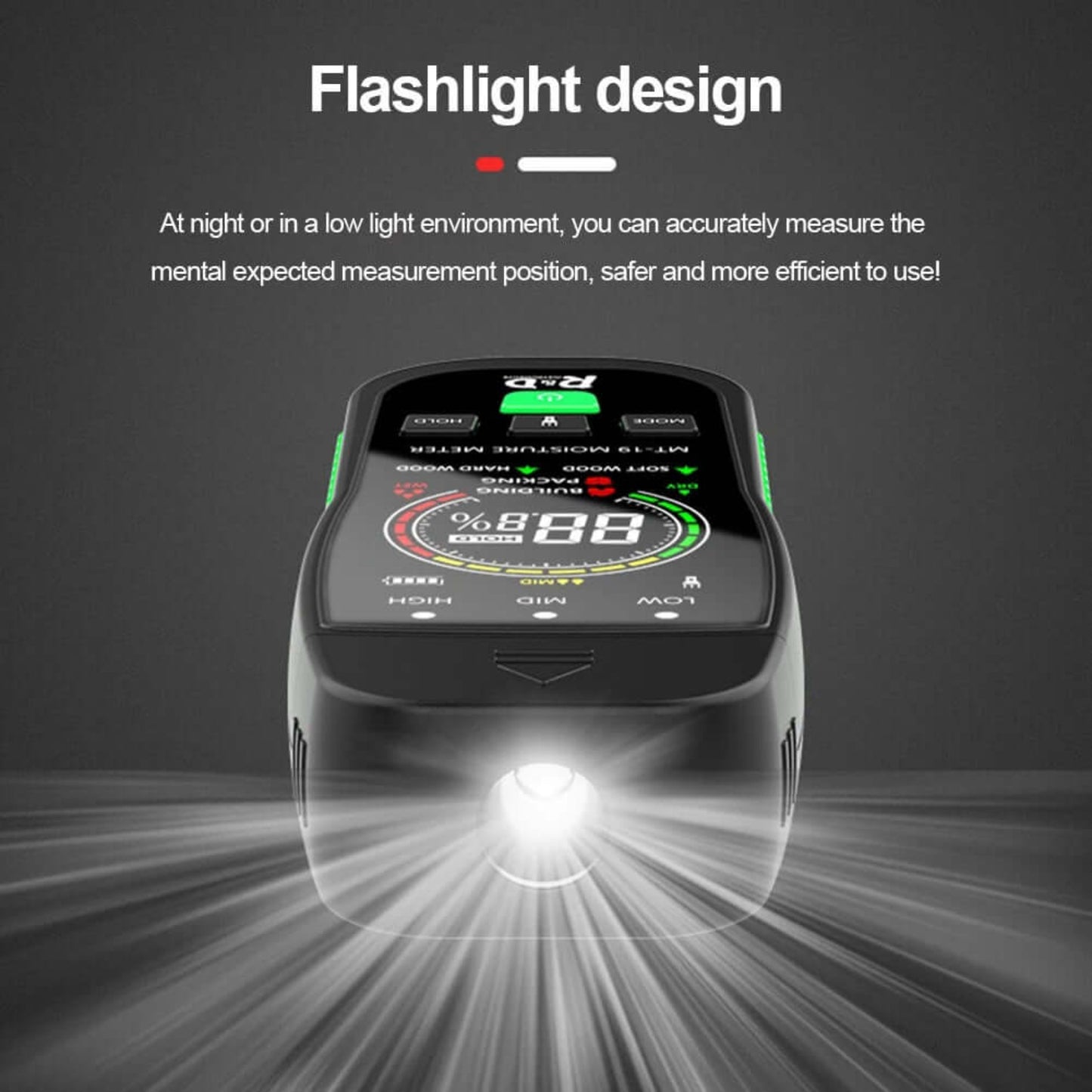 Digital Wood Moisture Meter | Wall & Building Humidity Detector flashlight design for accurate measurement in low light.