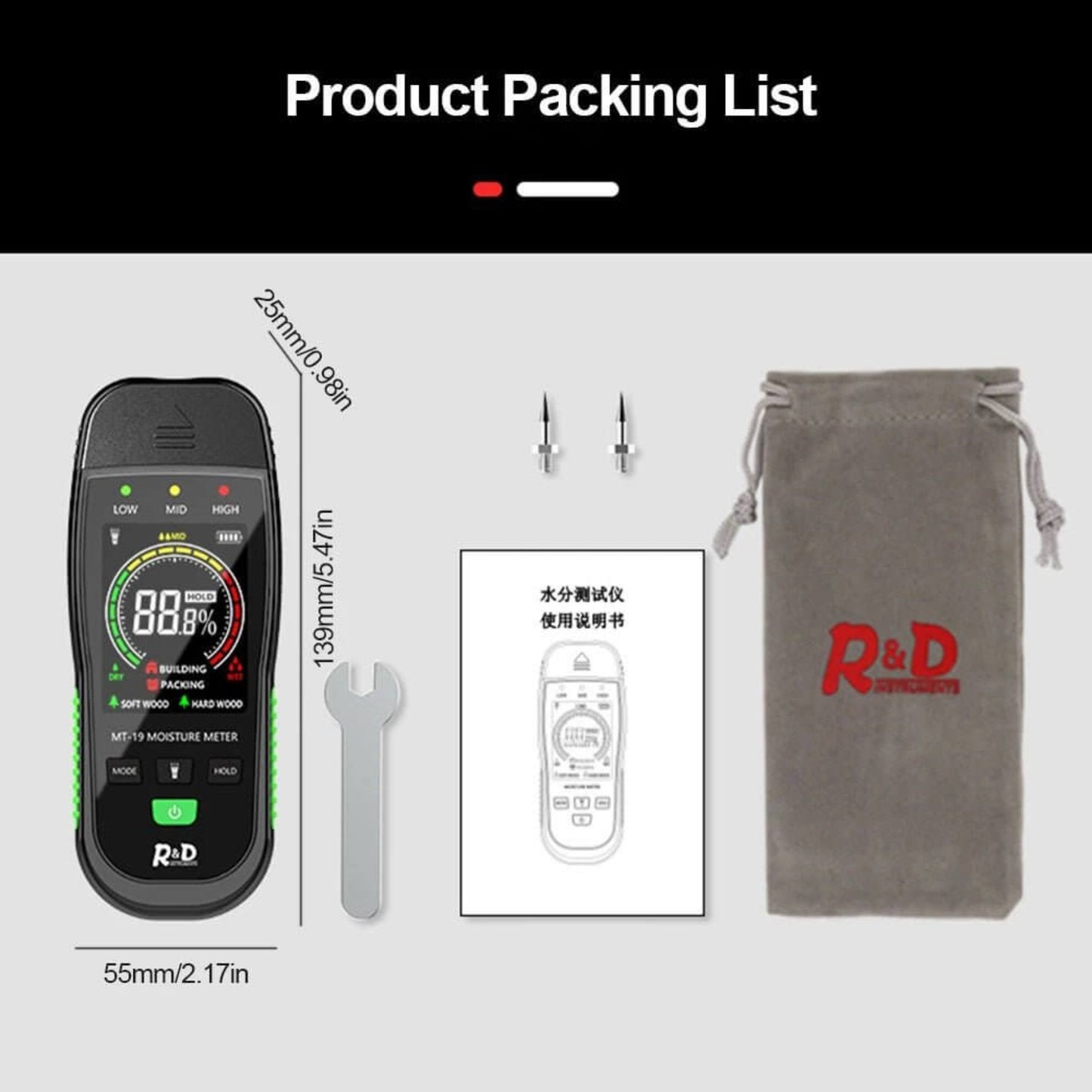 Digital Wood Moisture Meter | Wall & Building Humidity Detector product packing list including meter and accessories