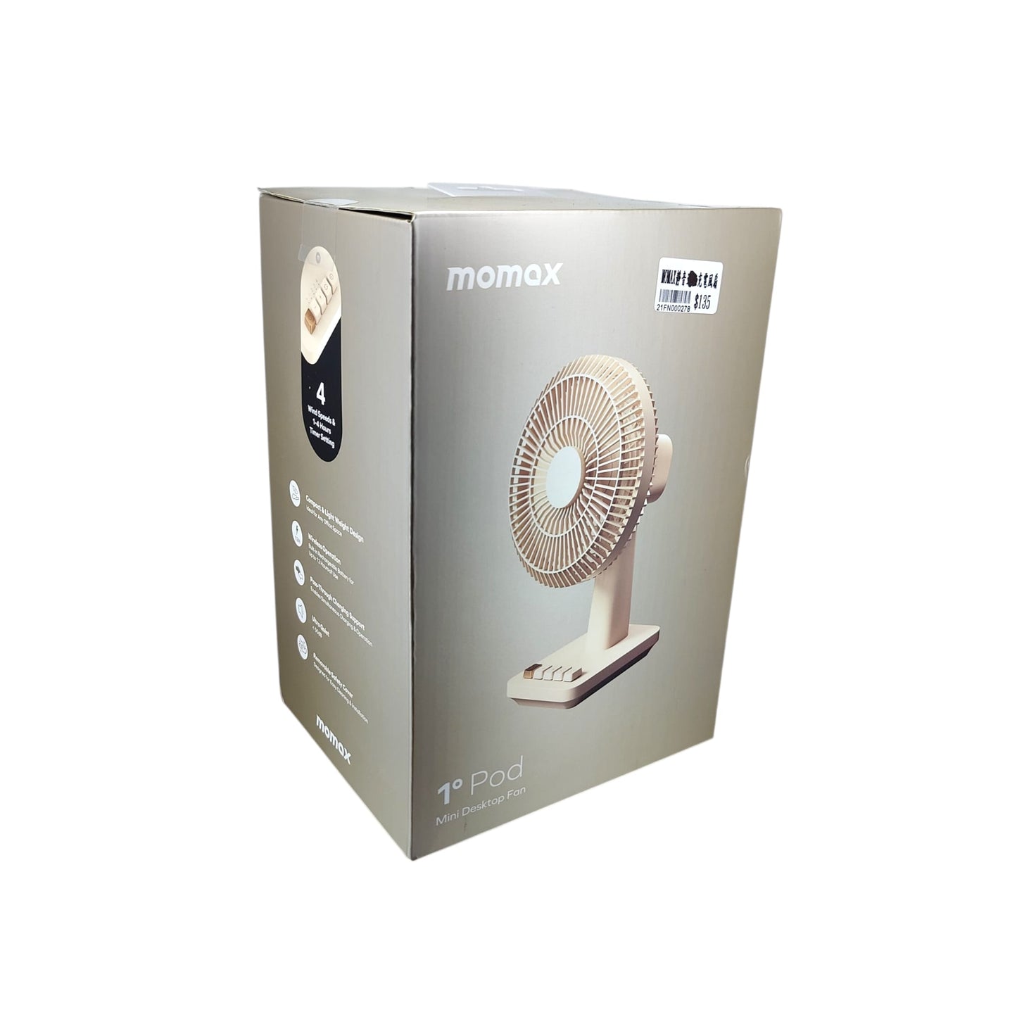 Official retail packaging box for the Momax 1°Pod mini desktop fan.