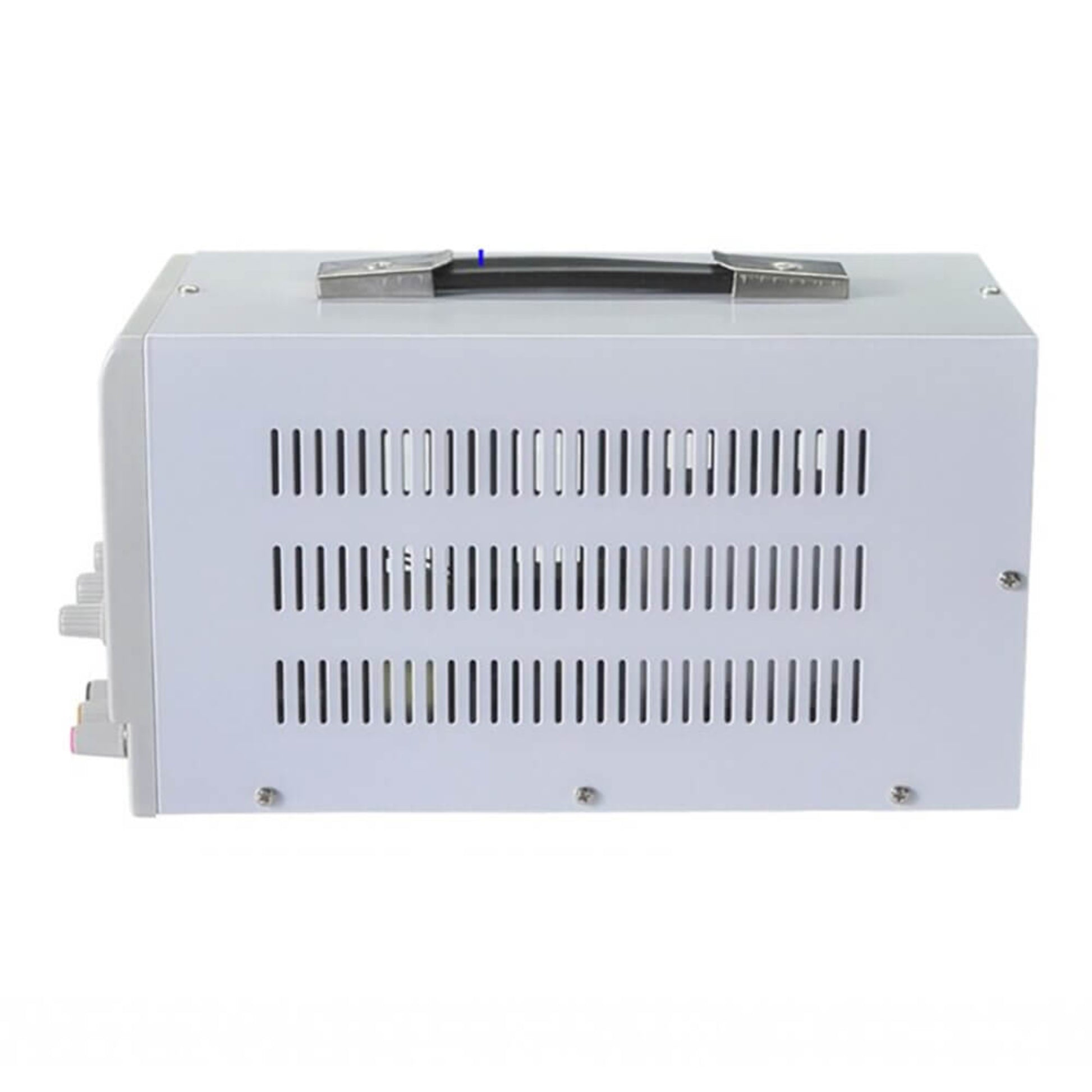 MS-305D adjustable DC power supply back view with ventilation slots and handle for easy transport.