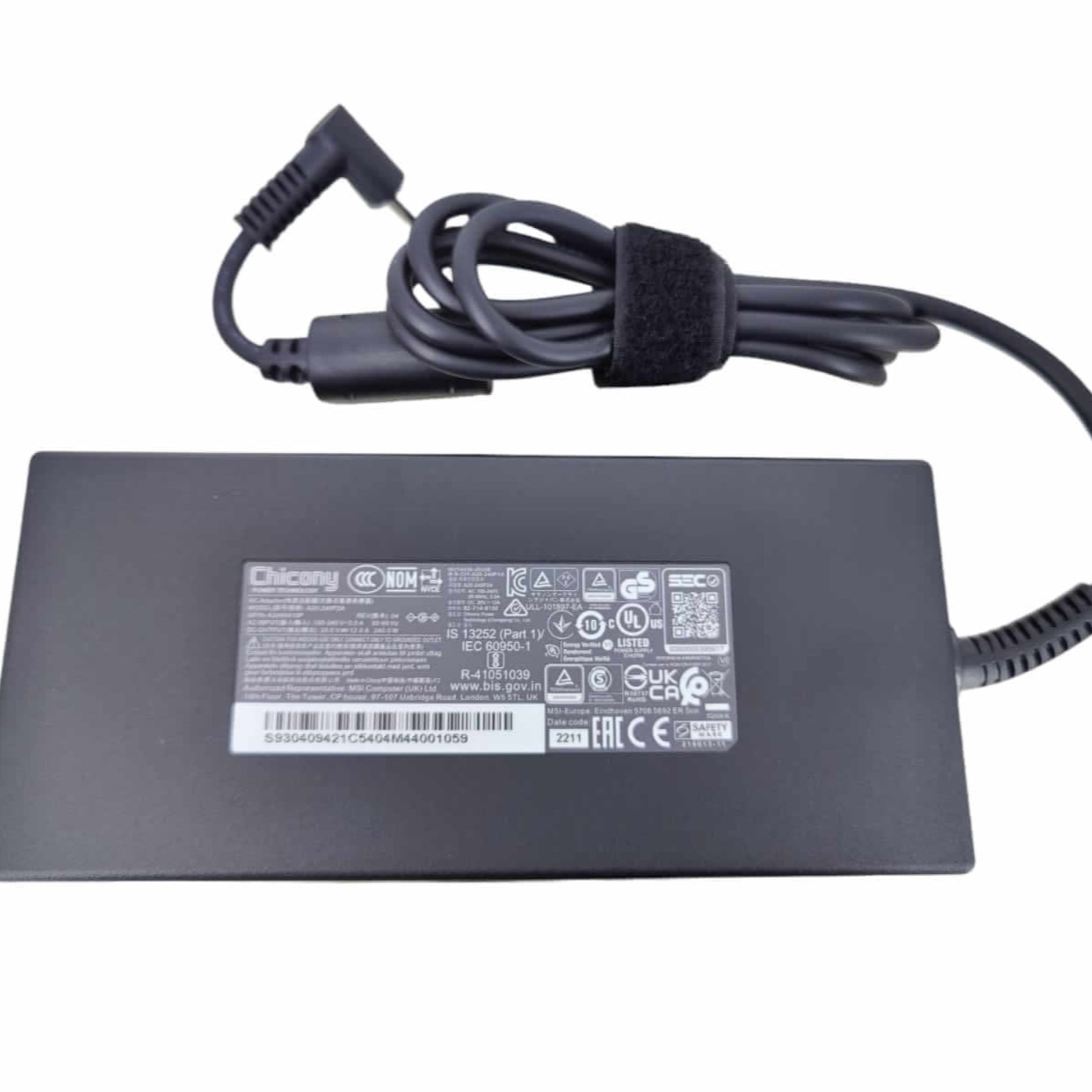 Close-up of MSI 20V 12A 240W charger label showing specifications and certifications.