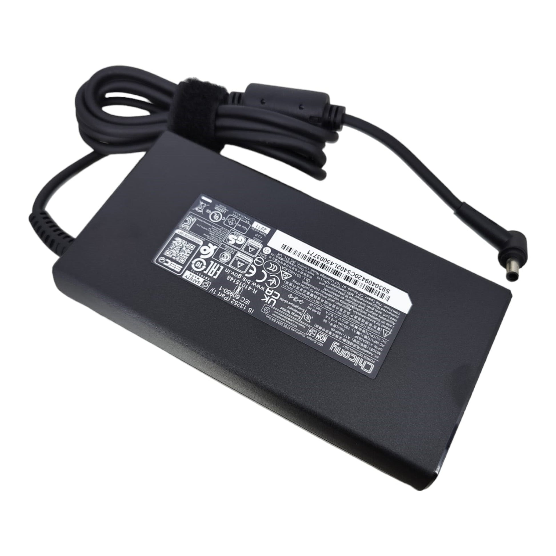 MSI 180W laptop power adapter. Detailed view of product label with specifications: 20V, 9A.