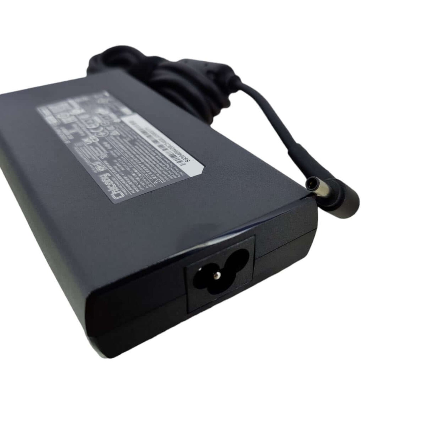 MSI 180W laptop charger. Close-up of the AC input port where the power cable connects.