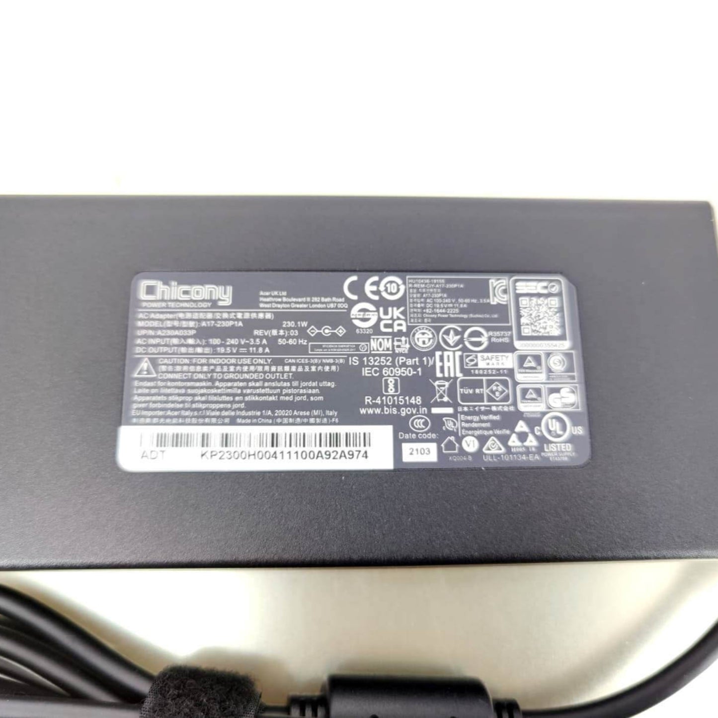 Label showing 230W, 19.5V 11.8A specifications of MSI laptop charger by Chicony.