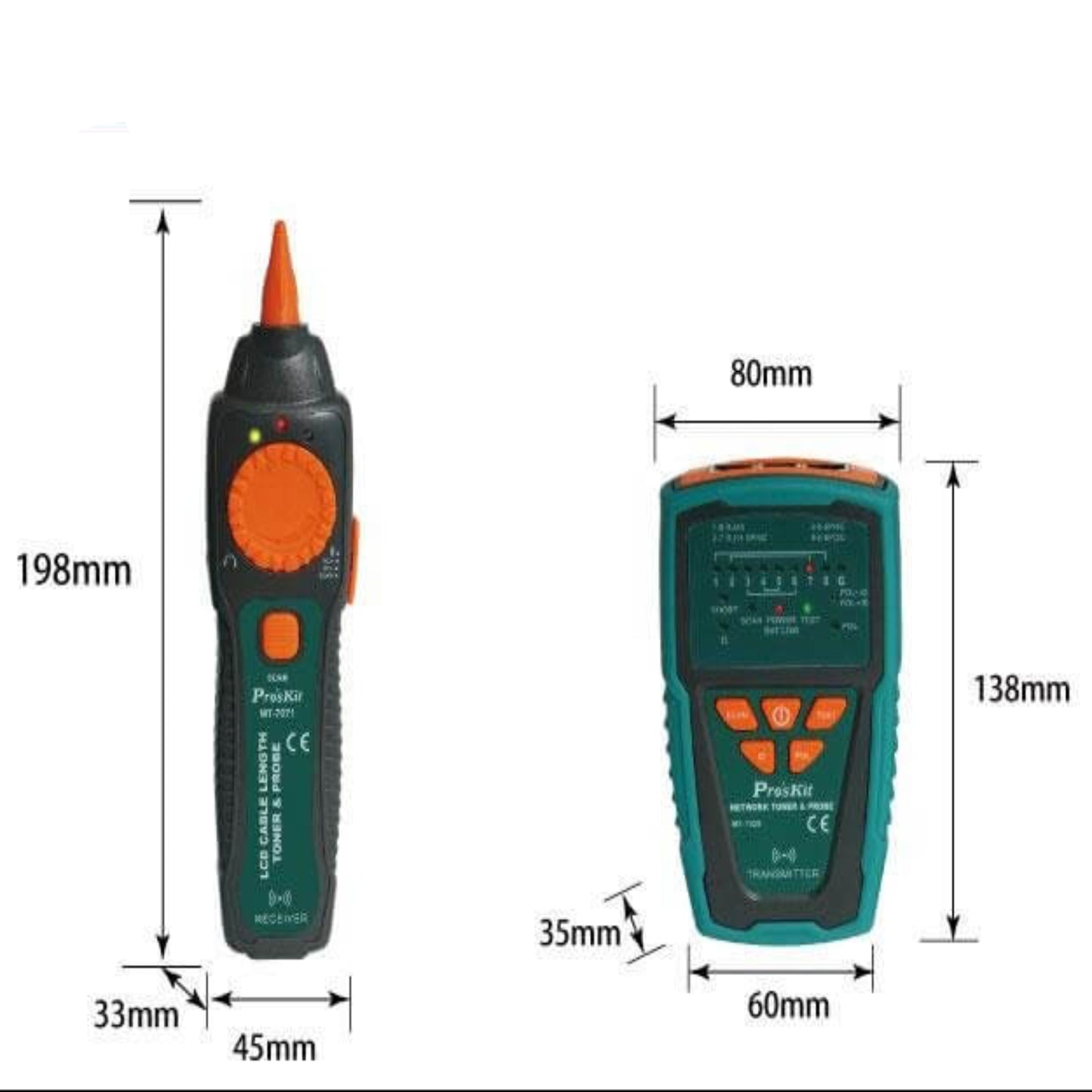 Dimensions of the Pro'sKit MT-7028 network toner and probe kit for size reference.