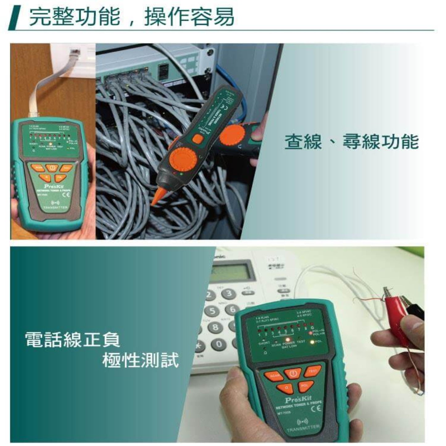 Images demonstrating the MT-7028's full functionality, including cable tracing and polarity testing.