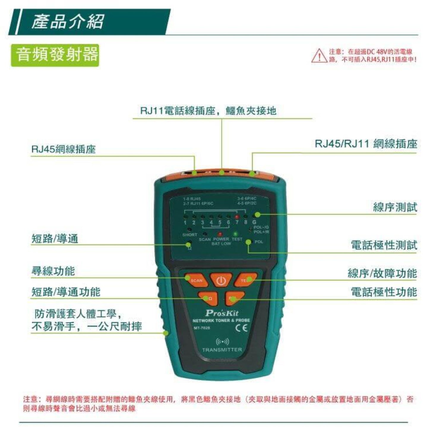 Detailed view of the Pro'sKit MT-7028 transmitter, highlighting its various testing capabilities.