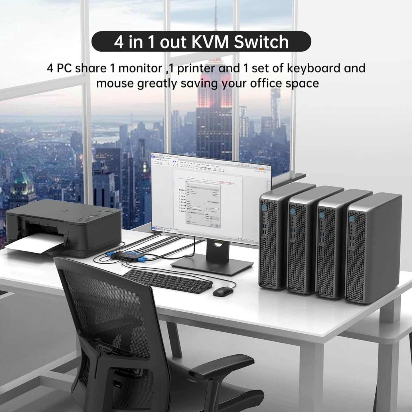 MT-VIKI 4 port HDMI KVM switch setup with 4 PCs, 1 monitor, and 1 printer, enhancing workspace efficiency.