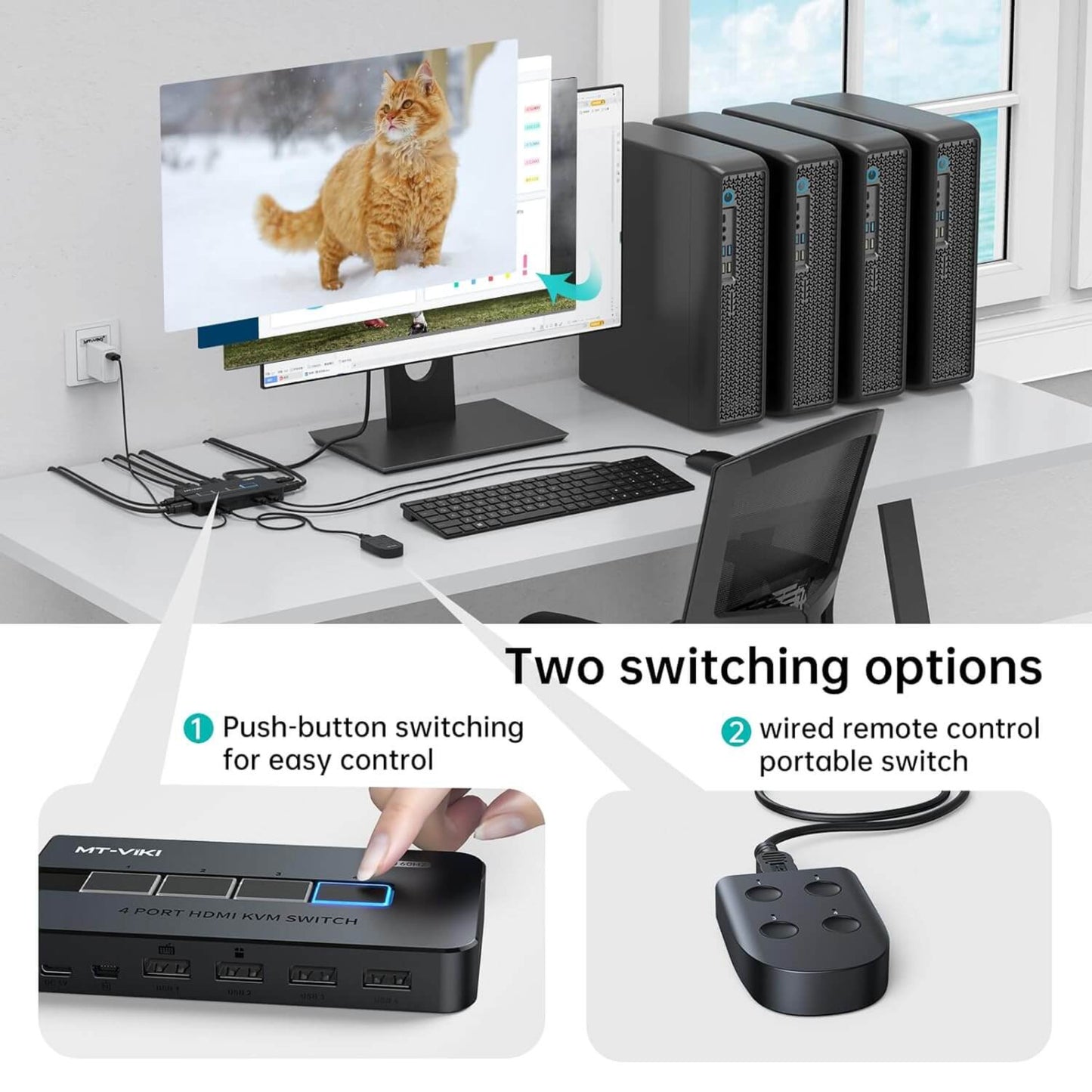 MT-VIKI 4 Port HDMI KVM Switch showcasing dual switching options with desktop setup and multiple computers.