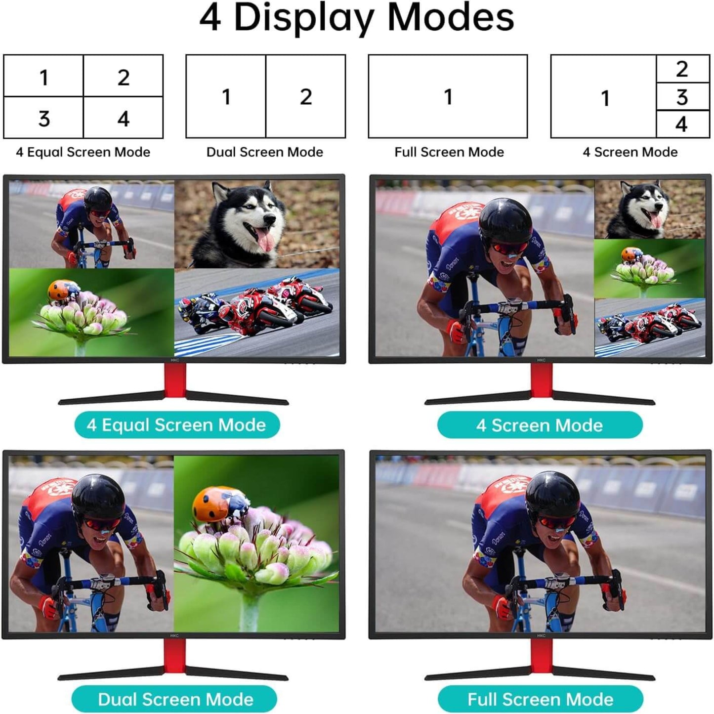 Illustration of 4 display modes: 4 Equal Screen Mode, Dual Screen Mode, Full Screen Mode, and 4 Screen Mode.