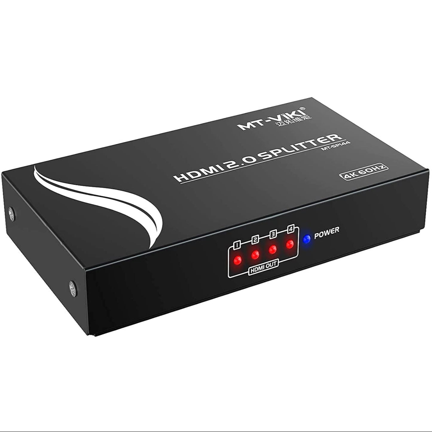 Close-up front view of MT-ViKI 4K HDMI splitter showing LED indicator lights