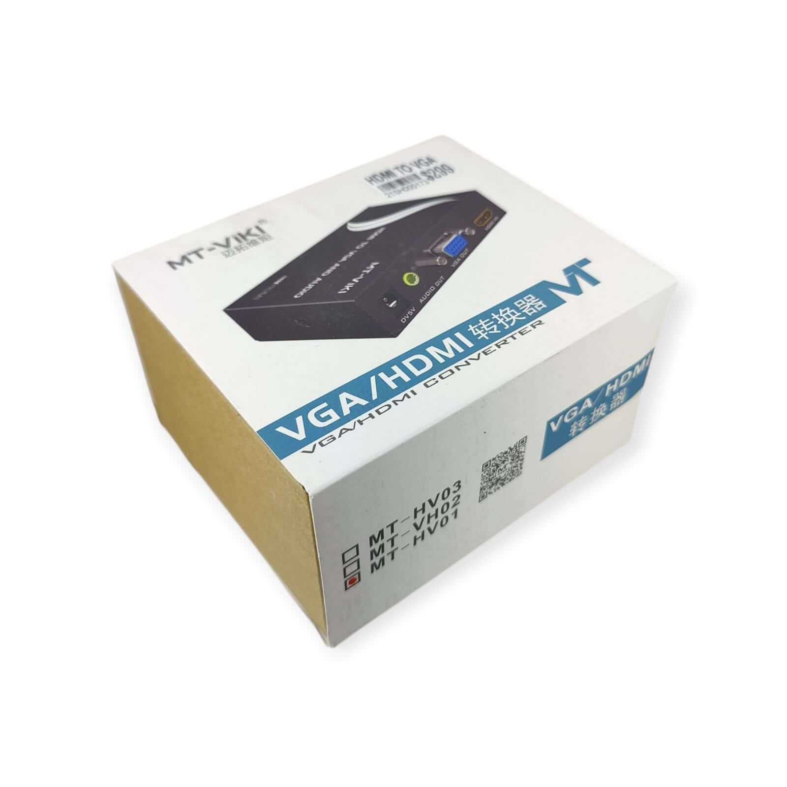 MT-VIKI HDMI to VGA converter box packaging with model information and device connections.