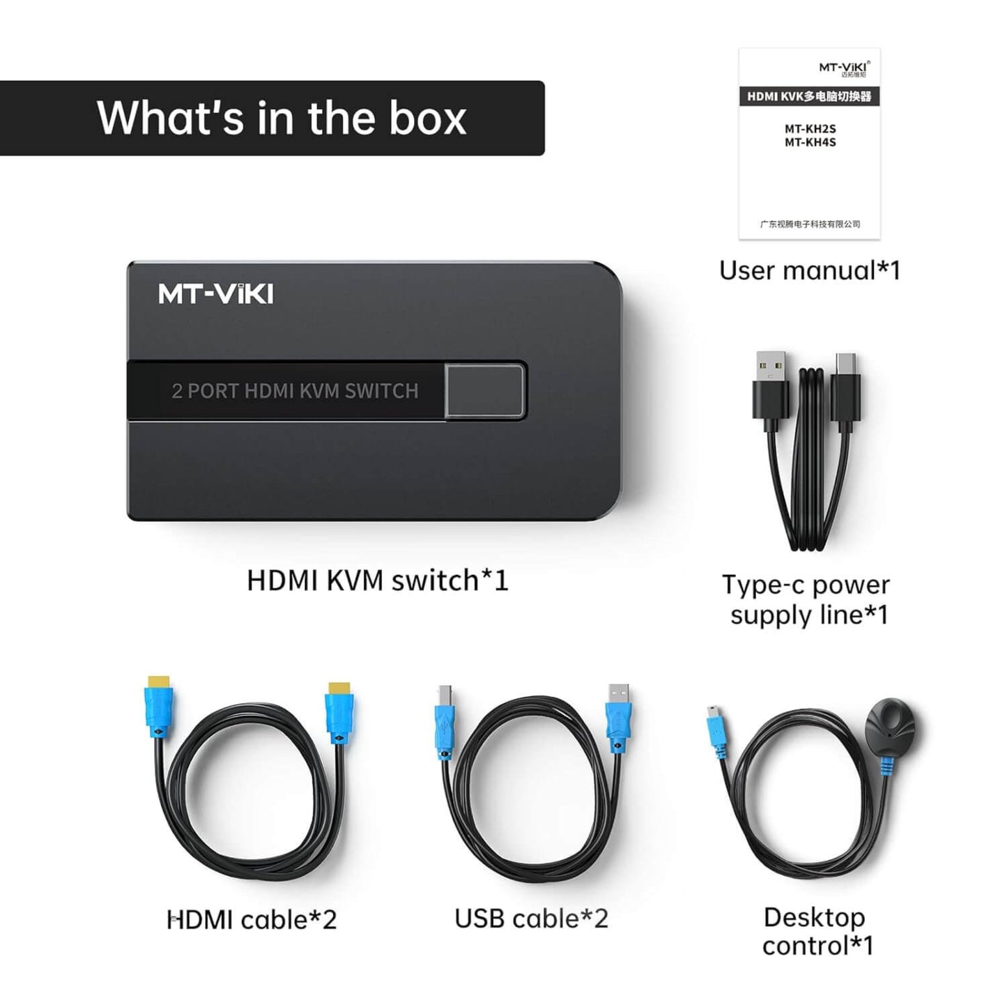MT-VIKI 2 Port HDMI KVM Switch package contents, including KVM switch, HDMI and USB cables, power supply, and user manual.