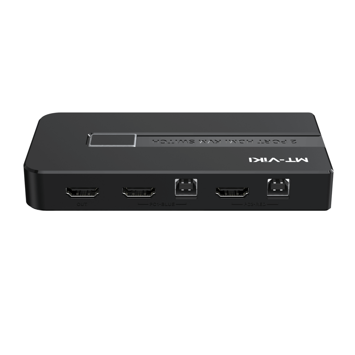 MT-VIKI 2 Port HDMI KVM Switch showing ports for HDMI and USB connections with sleek black design.