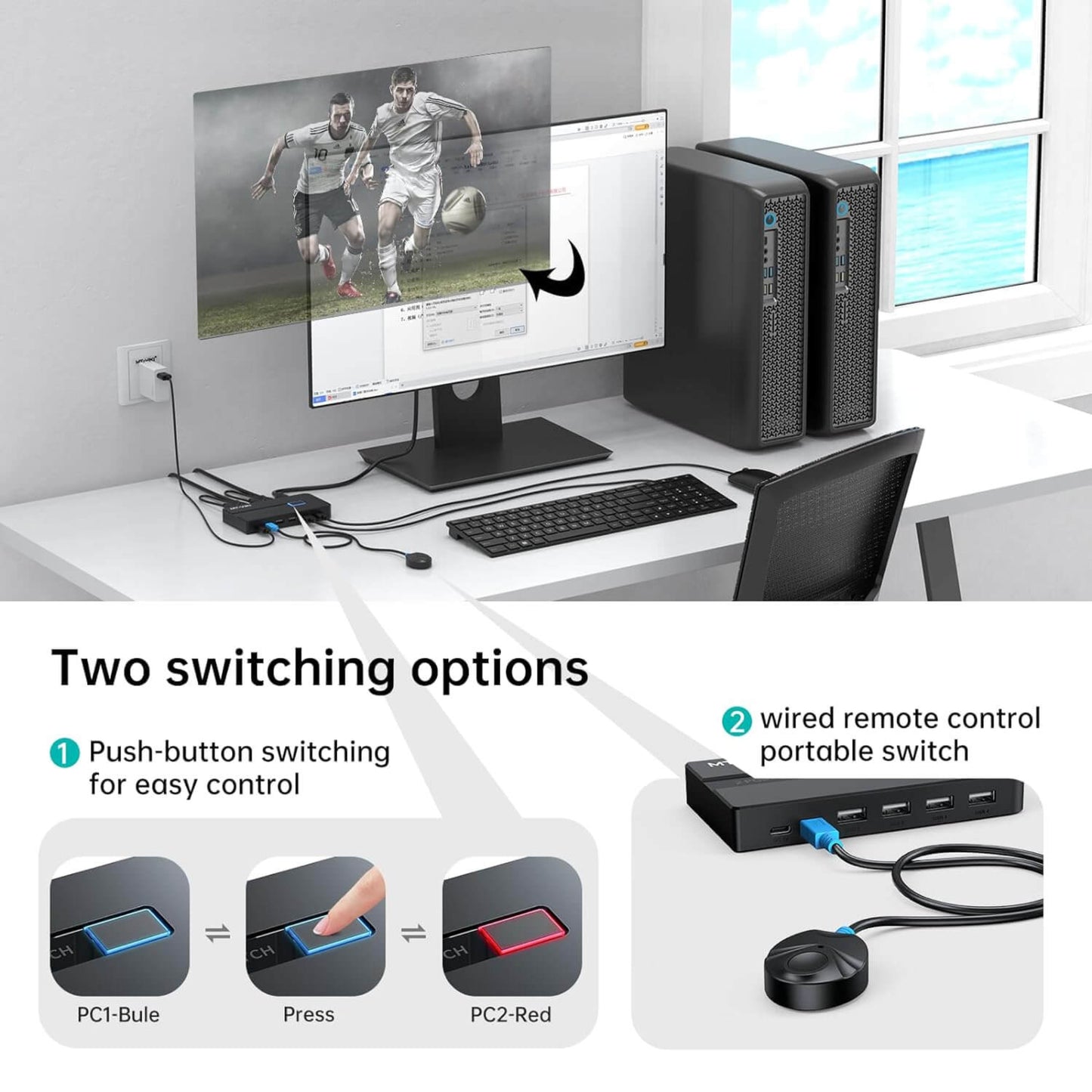MT-VIKI 2 Port HDMI KVM Switch setup with dual computer control options and monitor display.