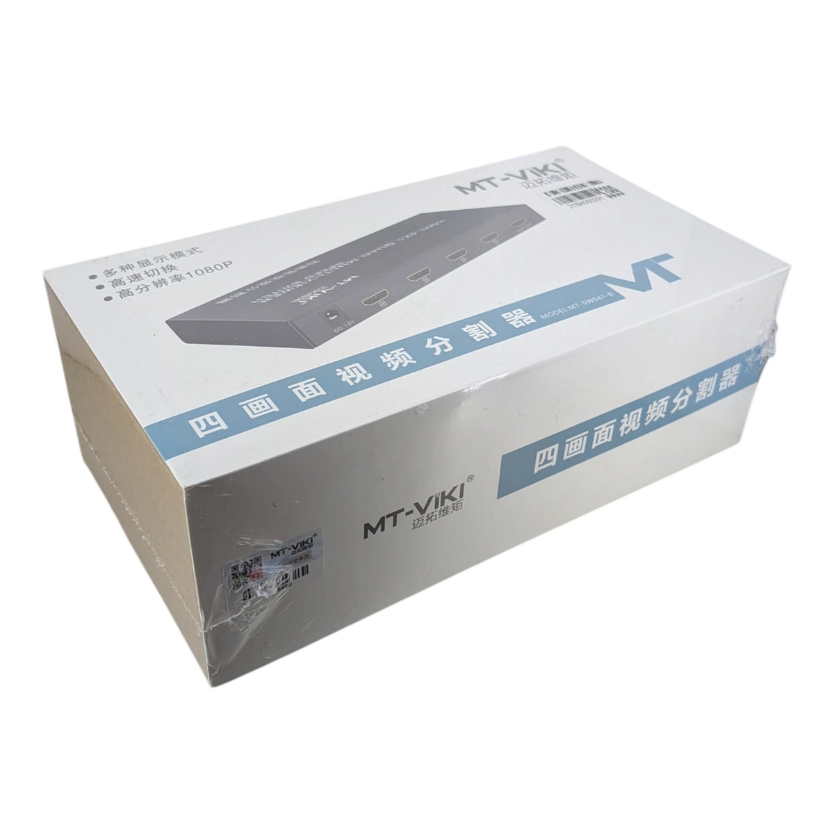 MT-VIKI 邁拓維矩 MT-SW041-B 四畫面視頻分割器的原廠零售包裝盒,印有支援 1080P 高清及快速切換等核心功能。