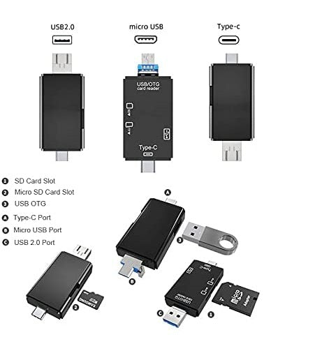 6-in-1 USB-C micro USB SD/TF card reader and OTG adapter with multiple ports for data transfer.