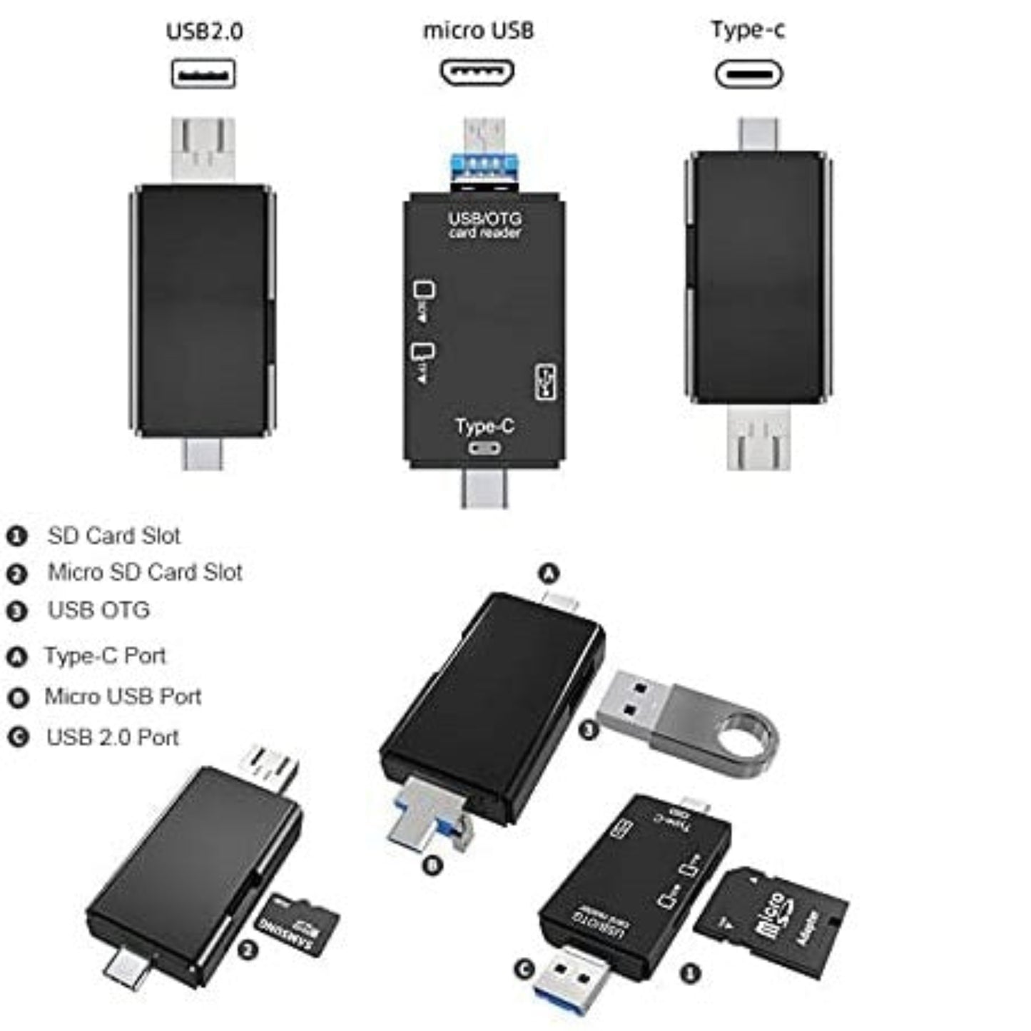6-in-1 USB-C micro USB SD/TF card reader and OTG adapter with multiple ports for data transfer.