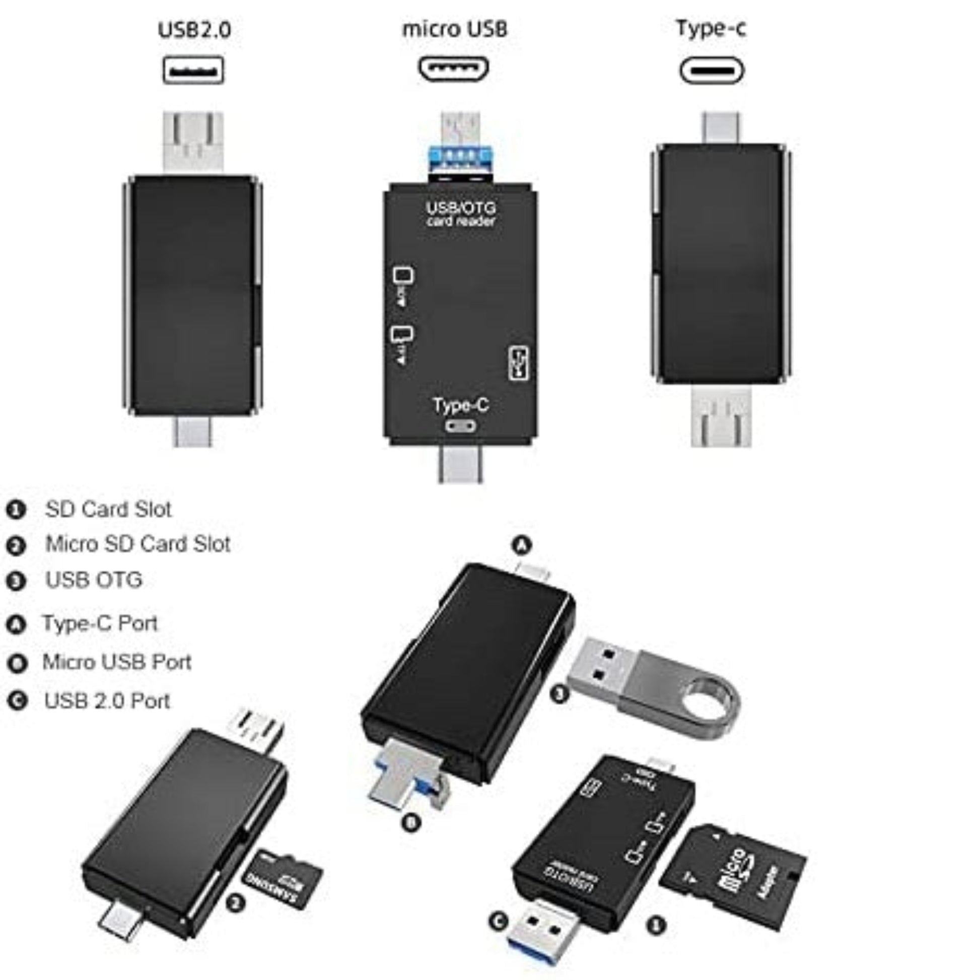 6-in-1 USB-C micro USB SD/TF card reader and OTG adapter with multiple ports for data transfer.