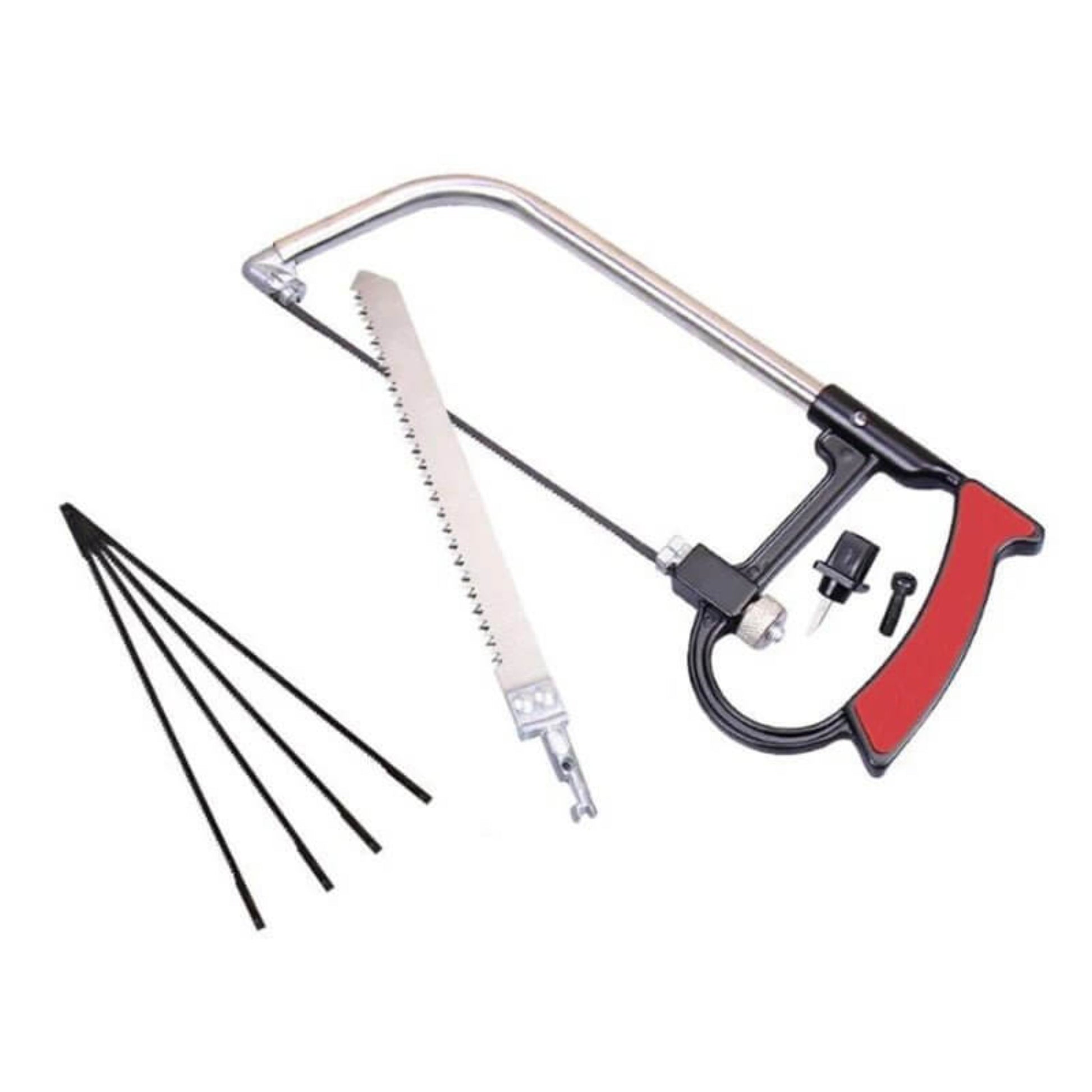 Multi-functional mini saw kit with main hacksaw frame, large wood blade, and five thin metal blades.