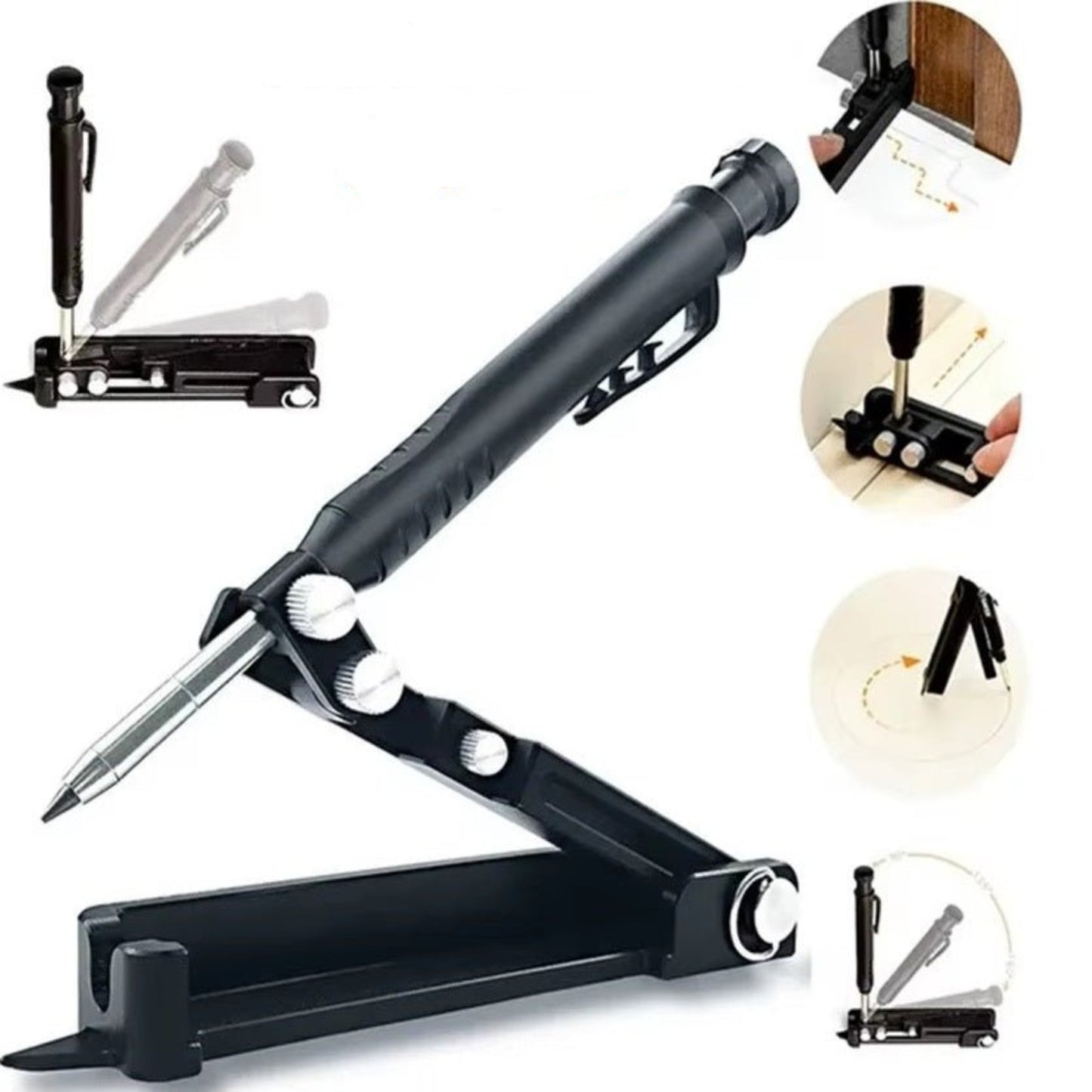 Multi-function scribing tool featuring adjustable design, compass, and carpenter's pencil for precise marking.