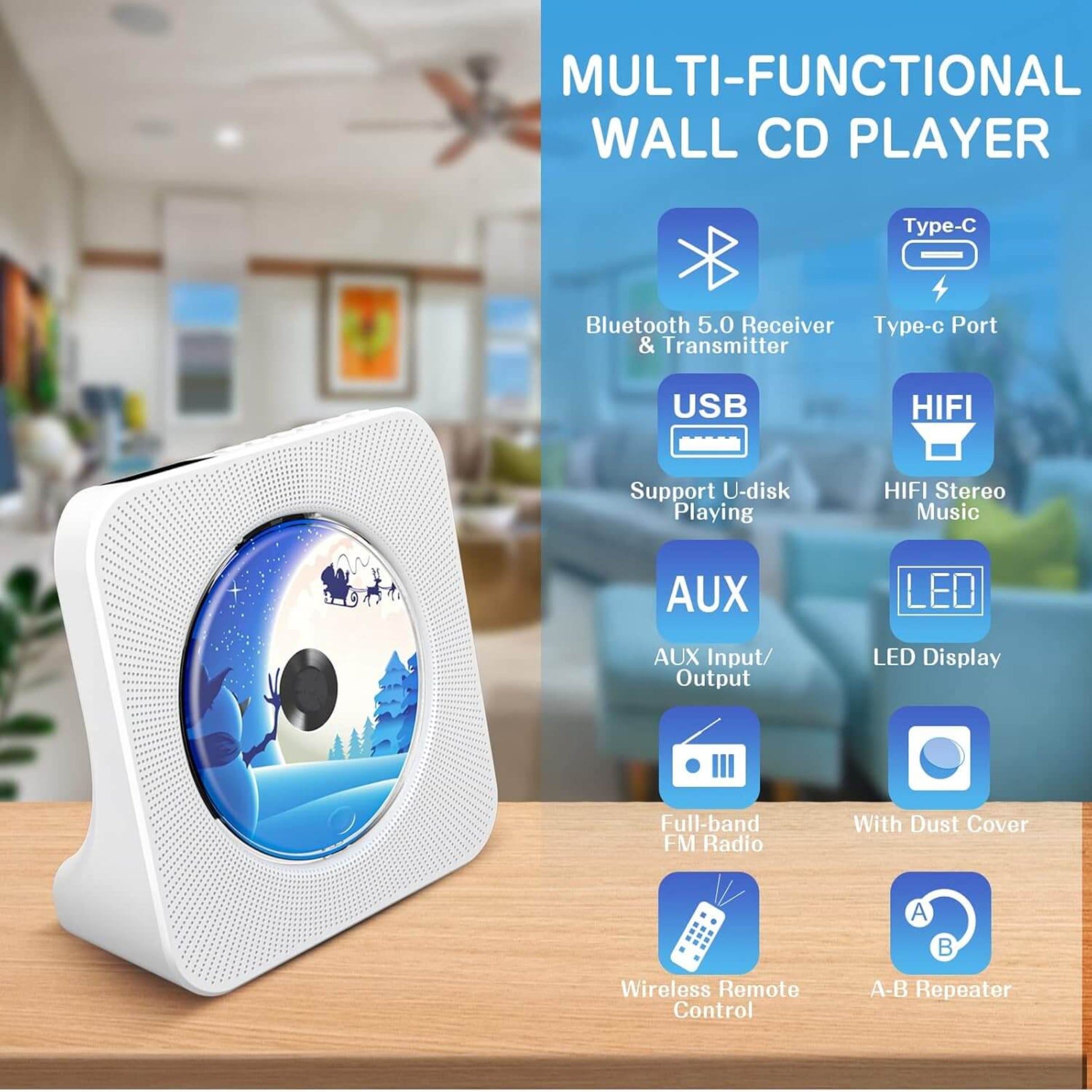 Multi-functional wall CD player featuring Bluetooth 5.0, USB support, Hi-Fi speakers, and FM radio.