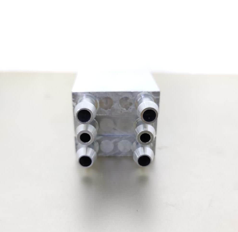 Aluminum water cooling block with multiple ports for CPU, GPU, and industrial applications, providing efficient heat dissipation.