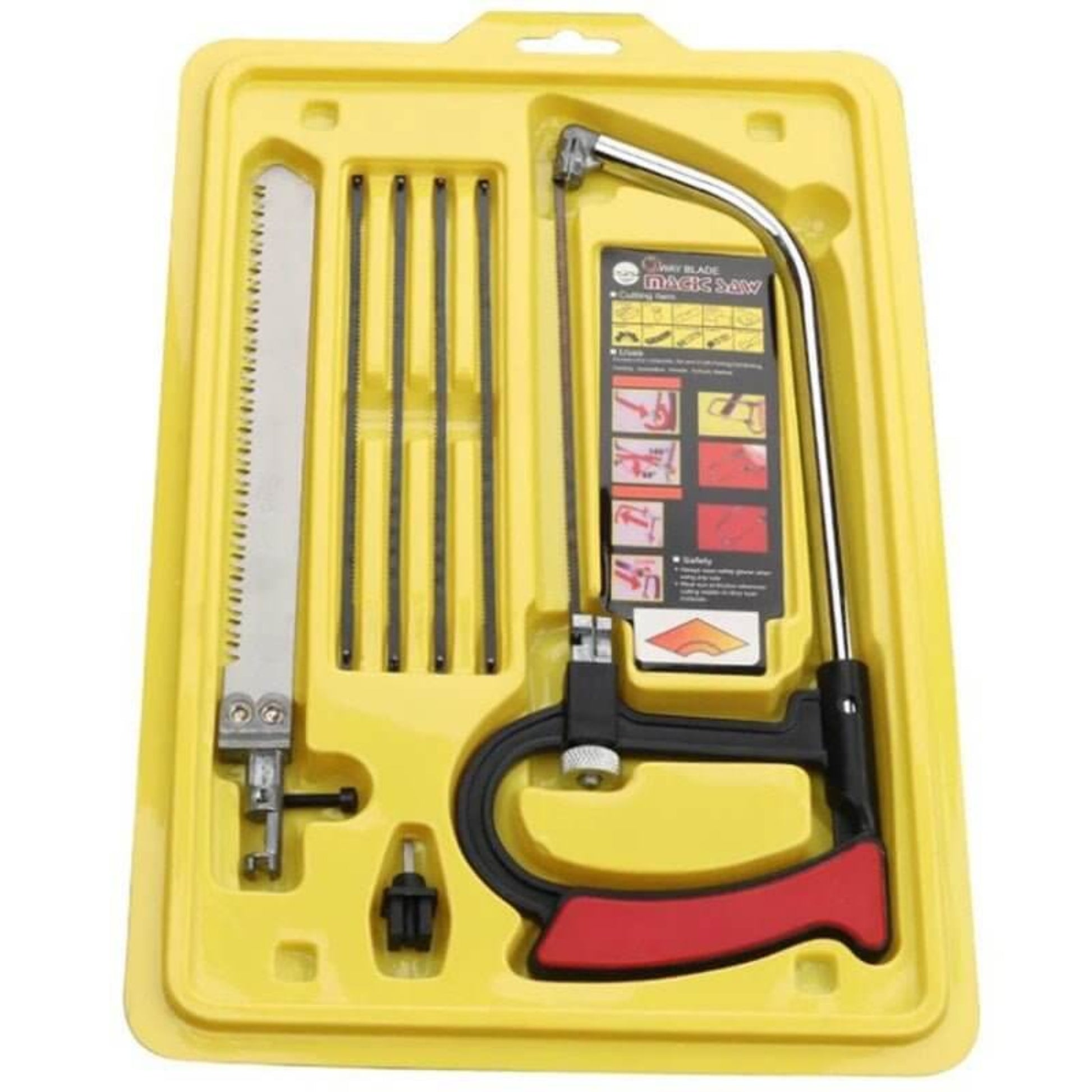 Multi-purpose mini saw kit neatly organized in its yellow protective storage case with all accessories.