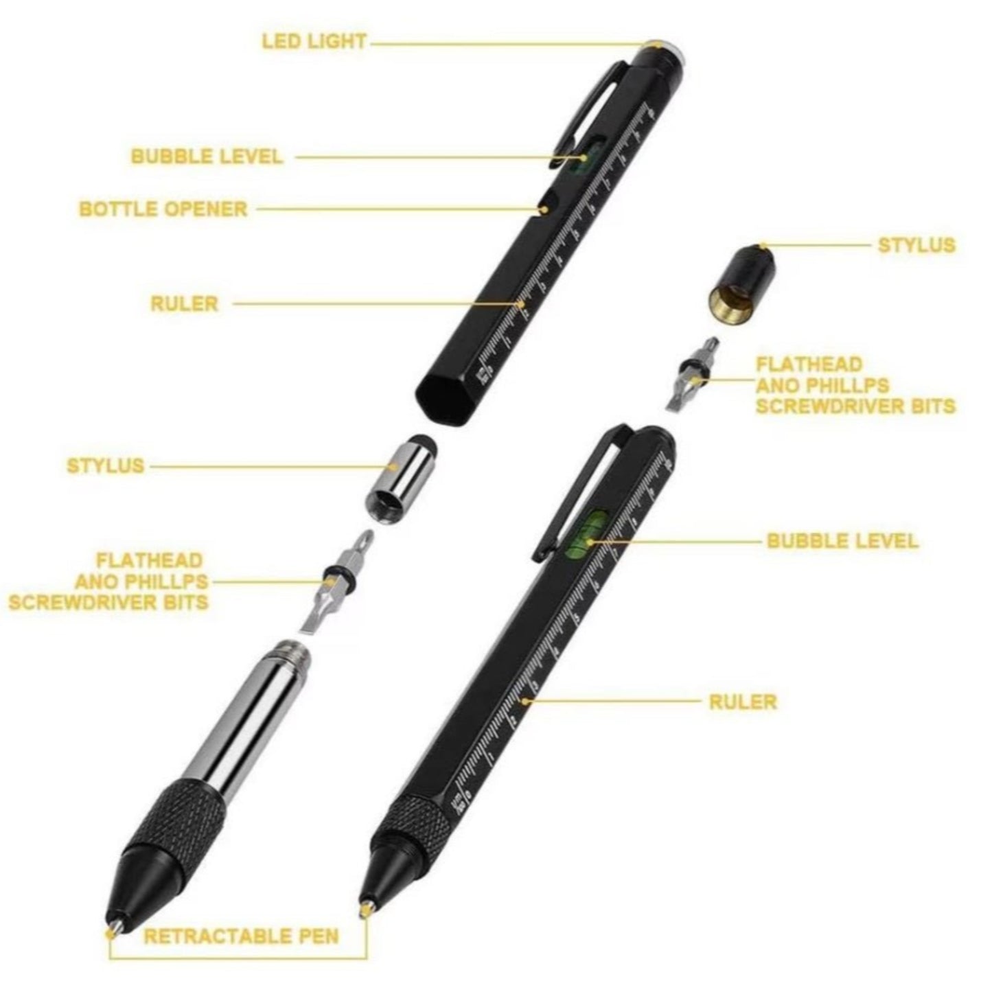 9-in-1 Multi-Tool Pen features LED light, screwdriver bits, stylus, ruler, and bubble level for versatile use.