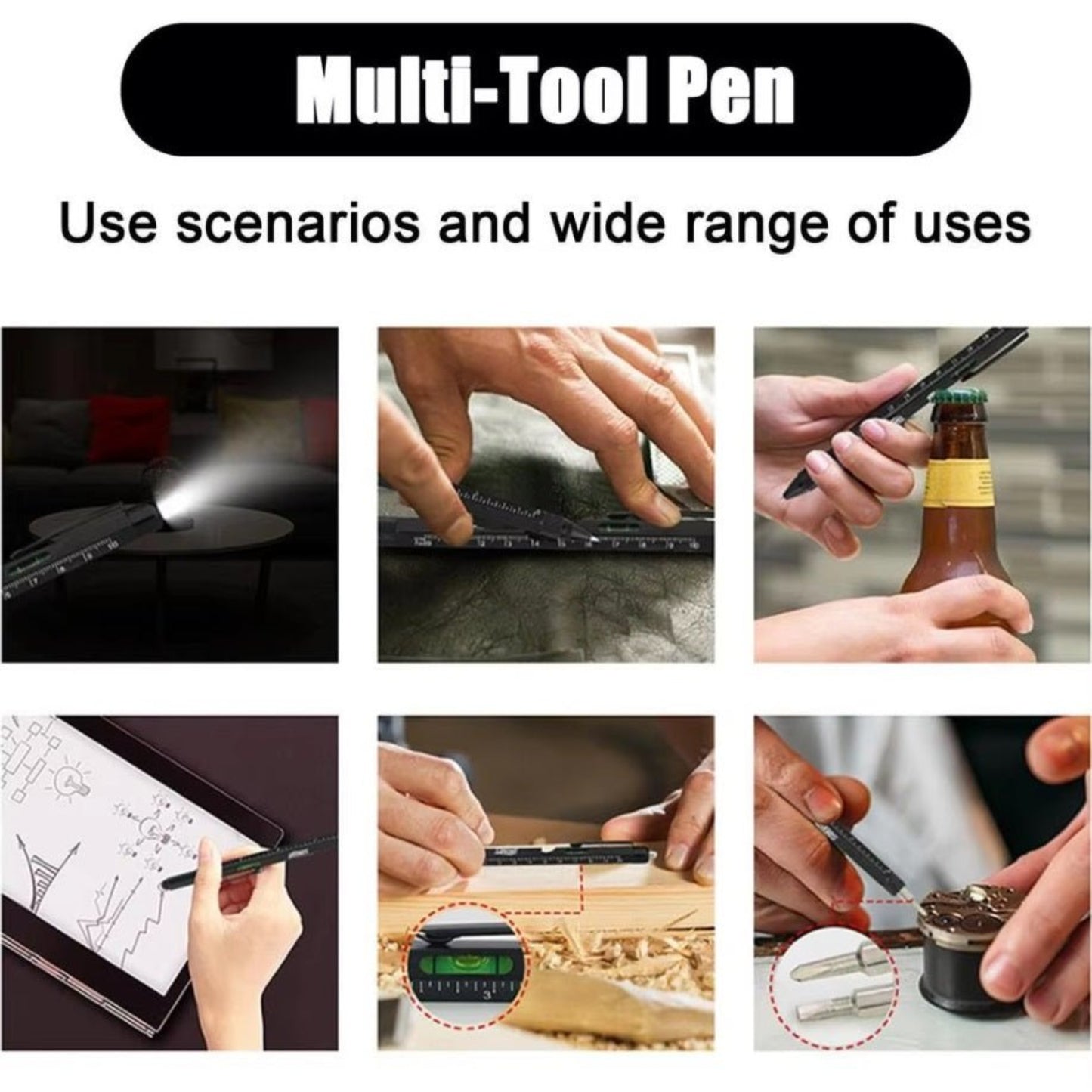 Multi-tool pen showcasing its versatility in multiple scenarios including writing, measuring, and fixing.