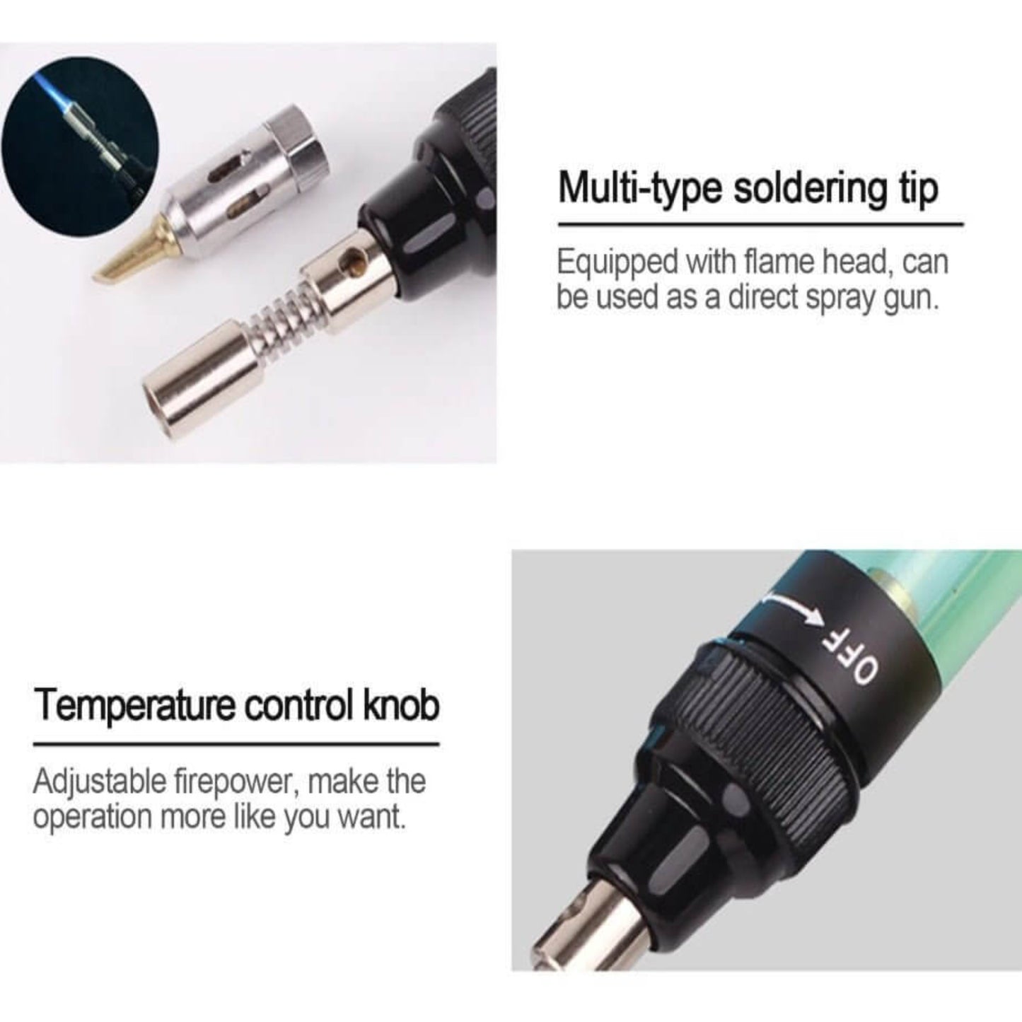 Close-up of multi-type soldering tip and temperature control knob of cordless gas soldering iron kit.