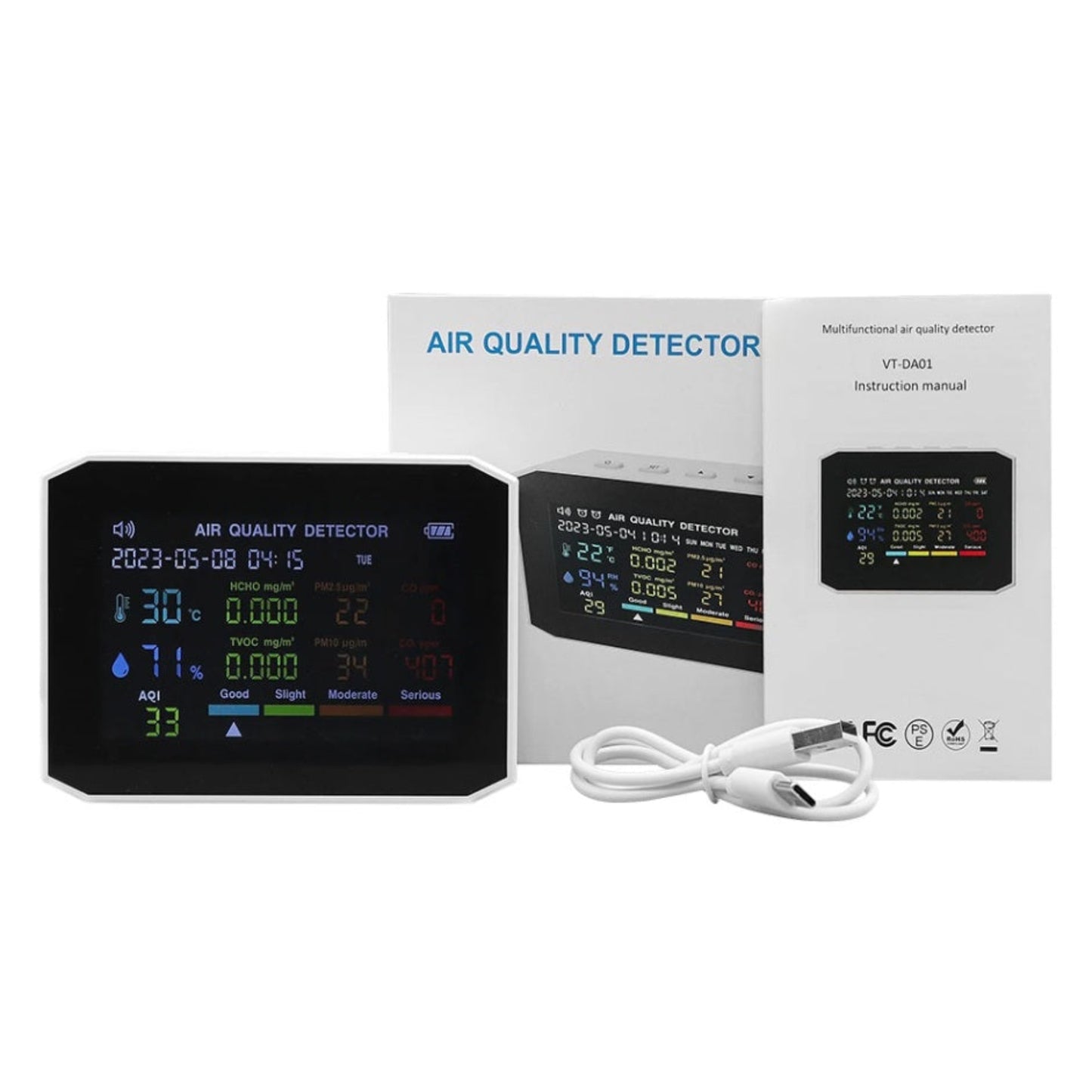 VT-DA01 air quality detector unboxing set with instruction manual and USB charging cable for home safety.