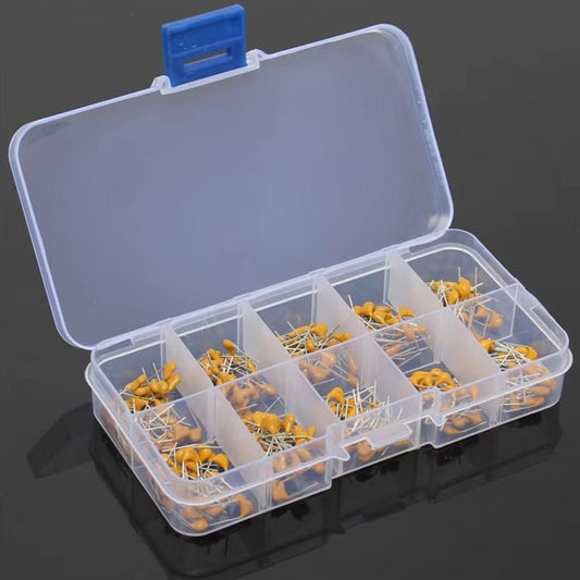 Multilayer ceramic capacitor kit with various values in a clear storage box, perfect for electronic projects.