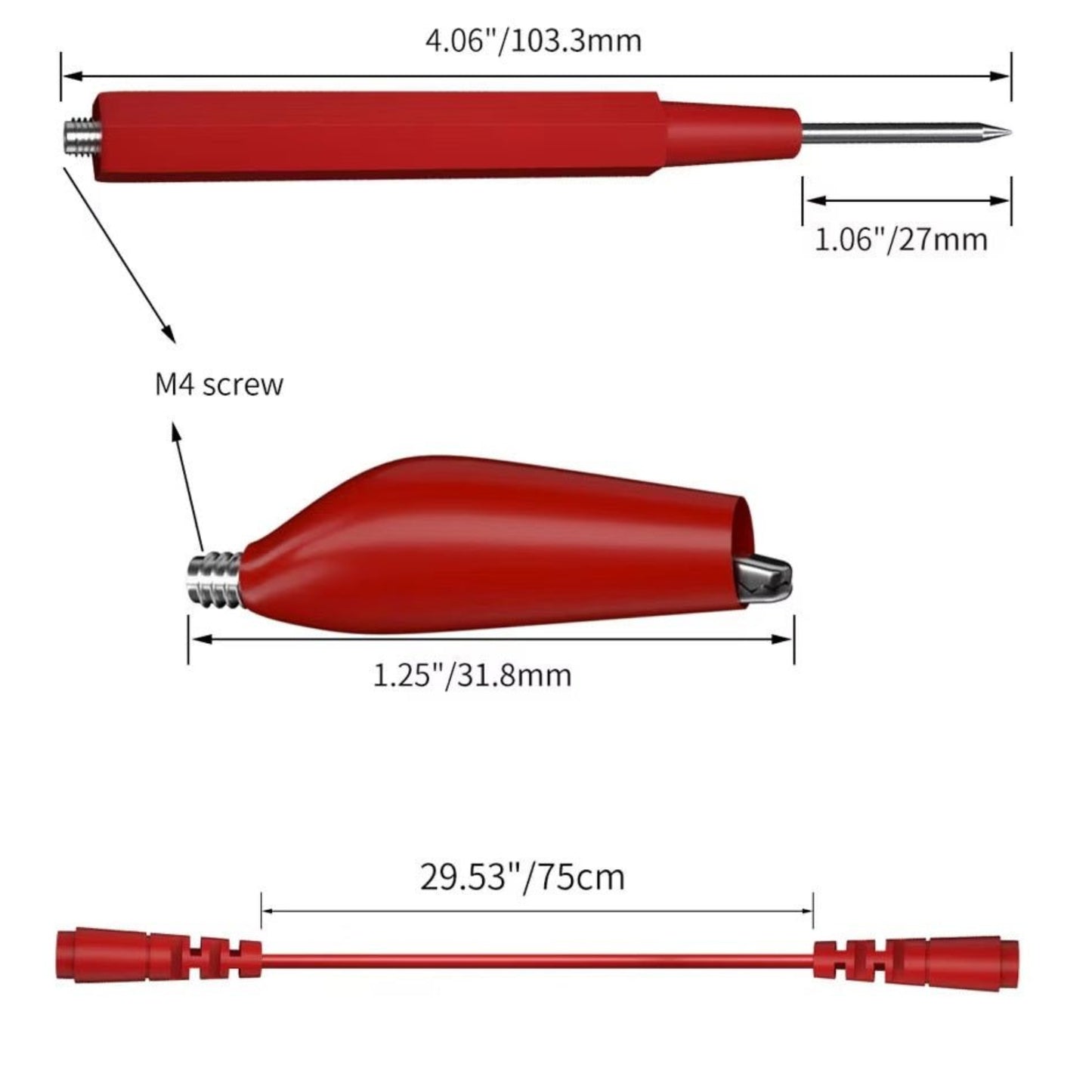 16-in-1 Modular Multimeter Test Lead Kit components showing red test probe, alligator clips, and measurements.
