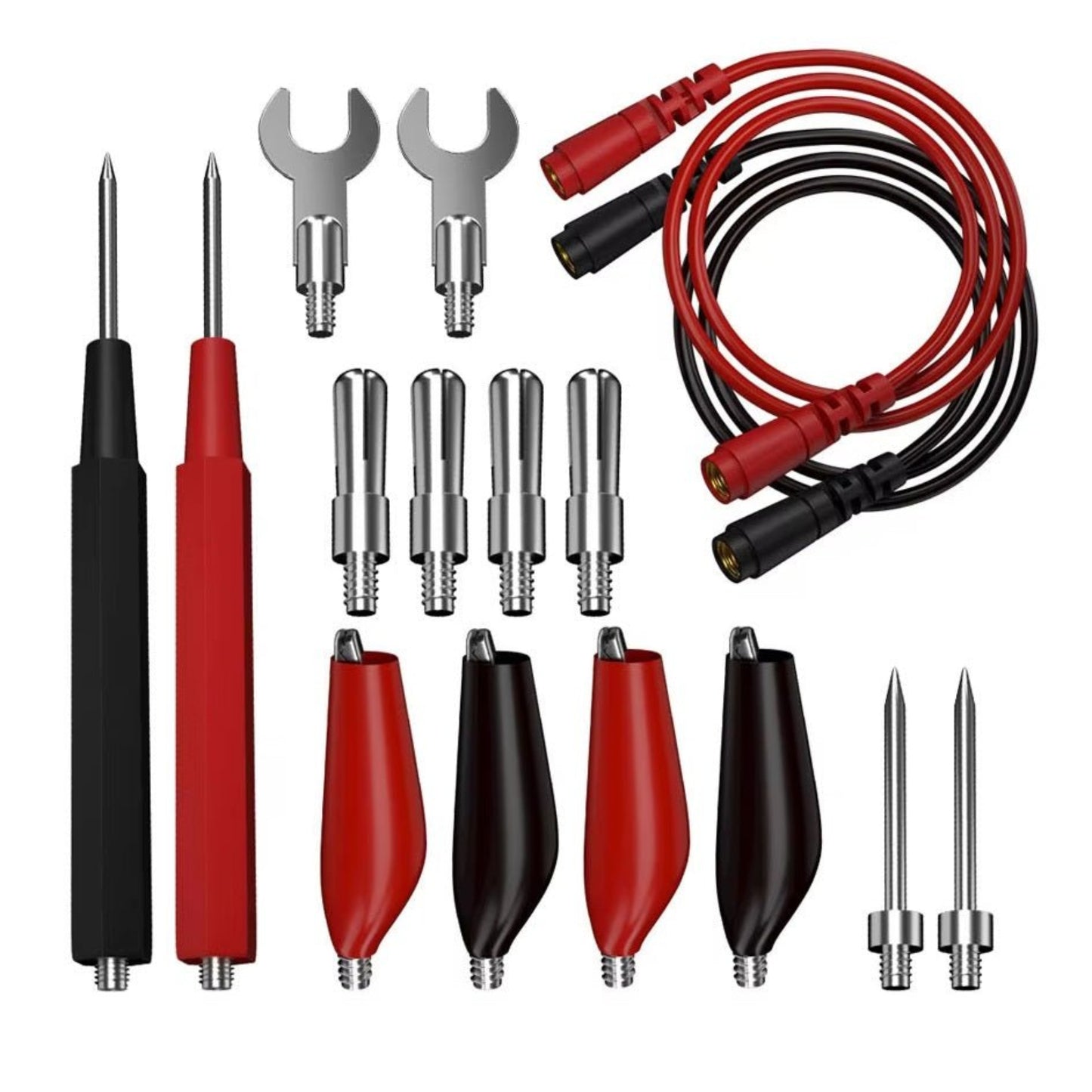 16-in-1 modular multimeter test lead kit with probes, alligator clips, and various connectors for electrical testing.