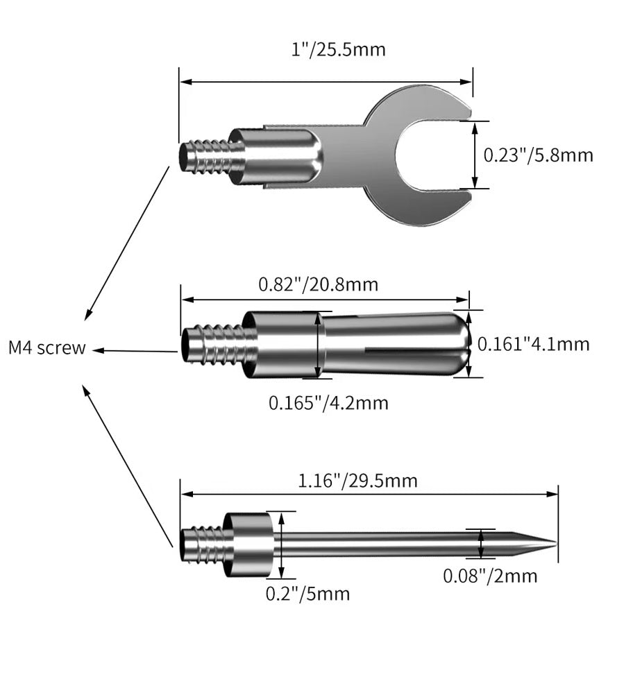Dimensions of three metal tool components: a wrench, M4 screw, and a sharp point with measurements for each.