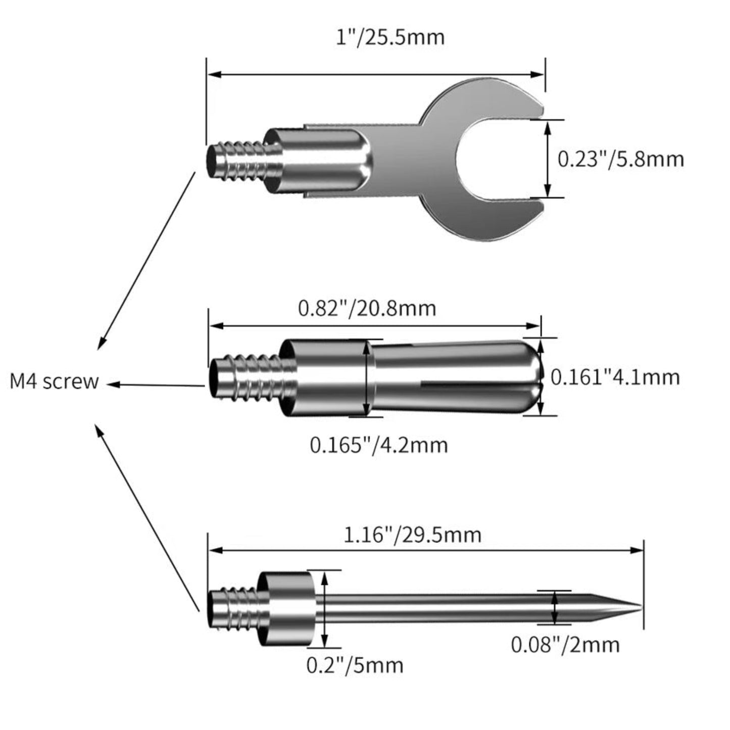 Dimensions of three metal tool components: a wrench, M4 screw, and a sharp point with measurements for each.