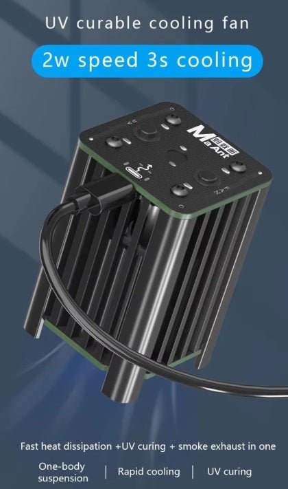 Type-C UV cooling fan with rapid cooling, 2 speed settings, and smoke exhaust features for effective maintenance.