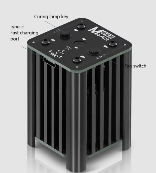 Type-C cooling fan with UV light features, including fan switch and fast charging port, suitable for maintenance tasks.