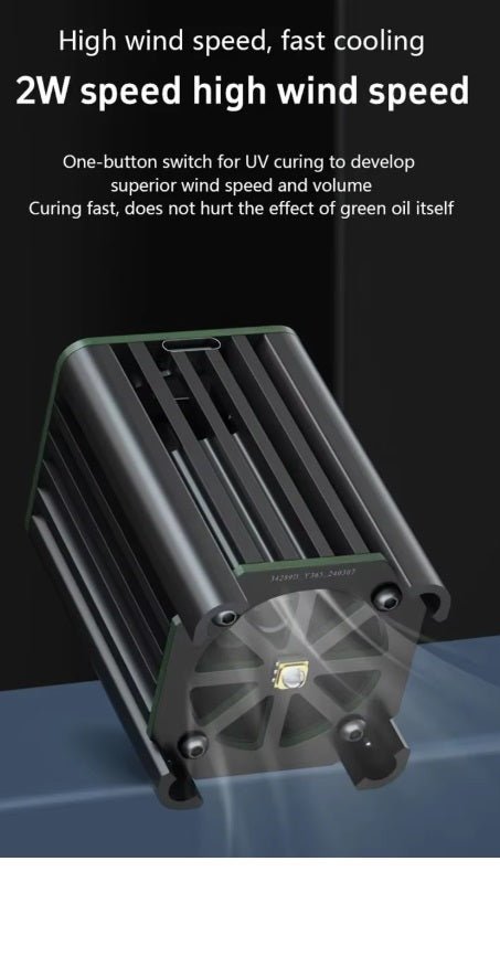 Type-C cooling fan with UV light, showcasing high wind speed and fast cooling features for maintenance operations.