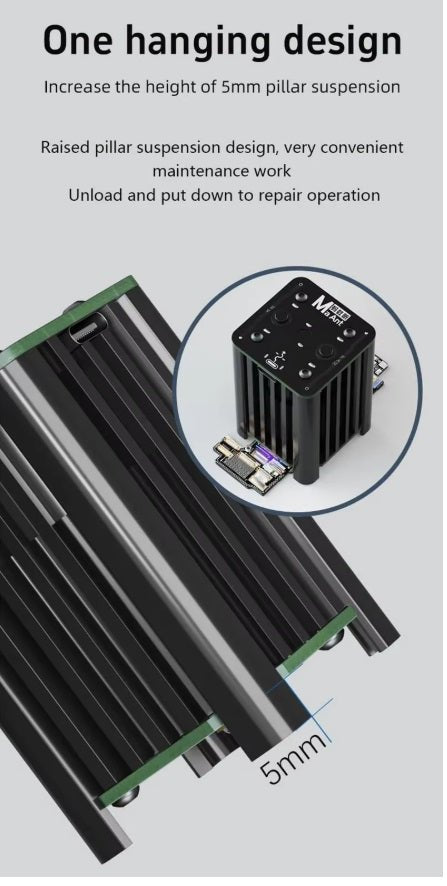 One hanging design for easy maintenance with 5mm raised pillar suspension in a cooling fan setup.