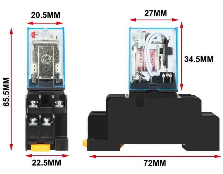 MY2NJ DPDT electromagnetic relay with socket base dimensions: 65.5mm height, 72mm width, 22.5mm depth, suitable for 12V & 24V usage.