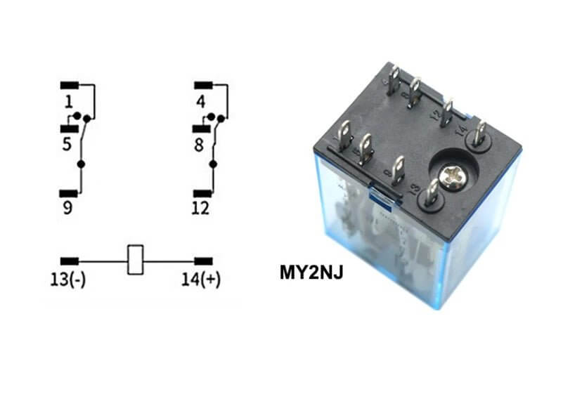 MY2NJ DPDT electromagnetic relay with socket base showing pin configuration and compact design for automation applications.