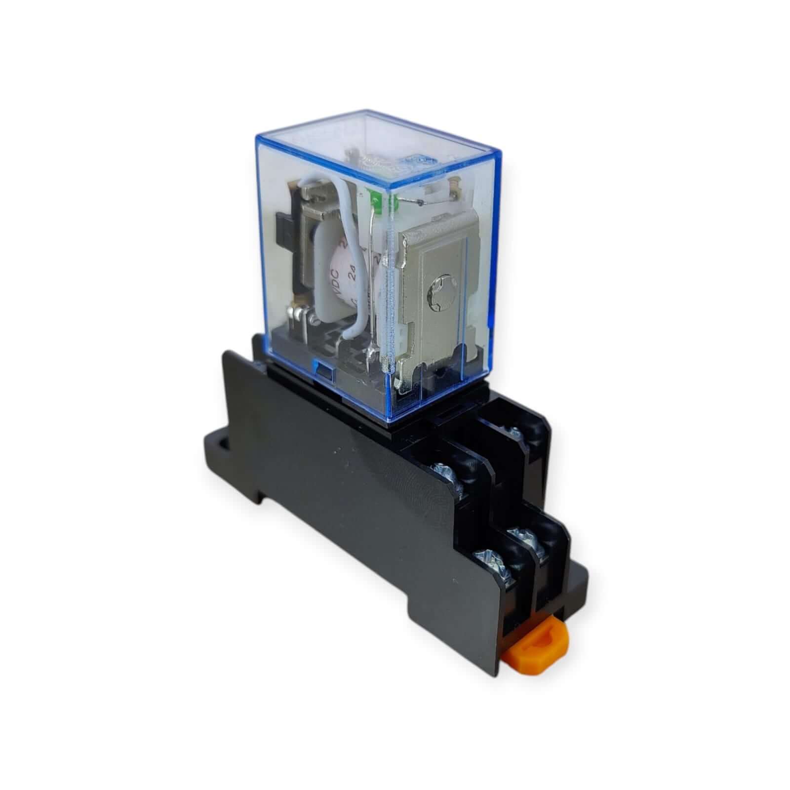 MY2NJ DPDT electromagnetic relay with socket base for 12V & 24V applications, showcasing reliable performance and robust design.