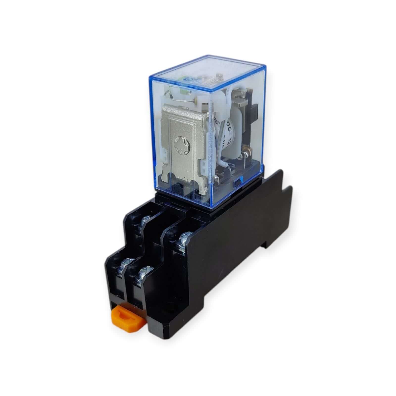 MY2NJ DPDT electromagnetic relay with socket base for 12V & 24V applications, showcasing robust design.