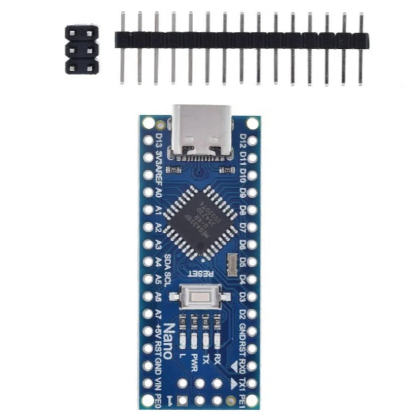Top-down view of a blue Nano V3.0 microcontroller board with a Type-C port, alongside unsoldered male header pins.
